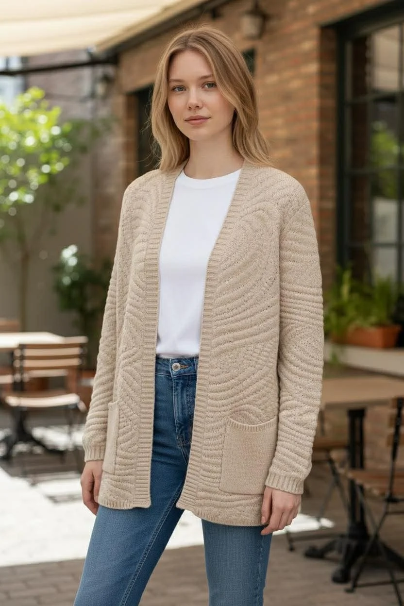 Cashmere knit open front outear cardigan with pockets