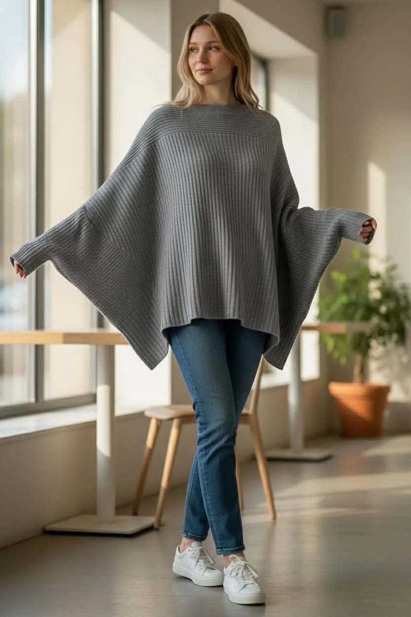 Ribbed Cashmere Poncho – Minimal, Soft & Effortless Elegance