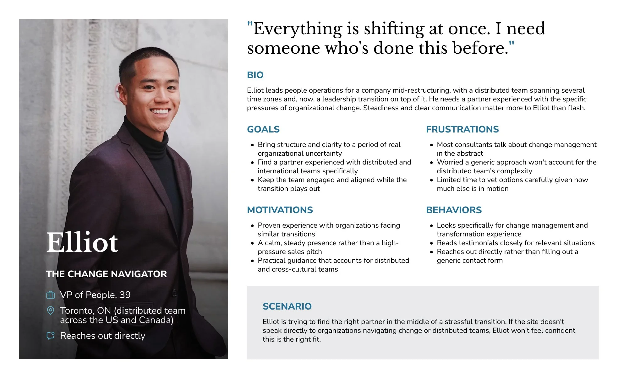 Persona card for Elliot, The Change Navigator, outlining his goals, frustrations, motivations, and behaviors as a VP of People leading a distributed team through change