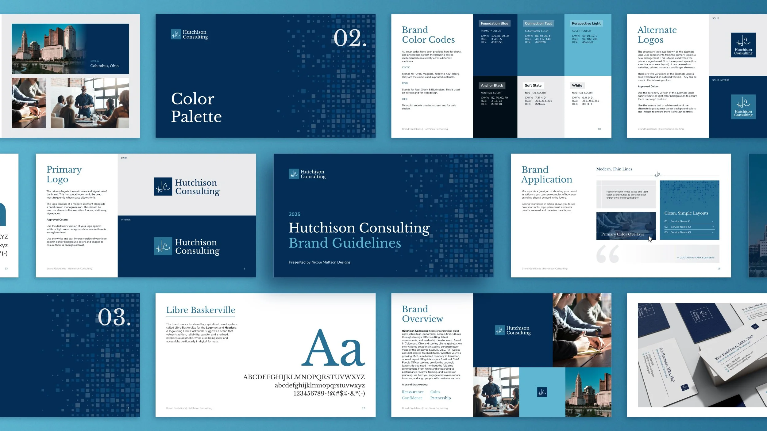 Pages from the Hutchison Consulting brand guidelines showing the color palette, logo variations, typography, and brand application