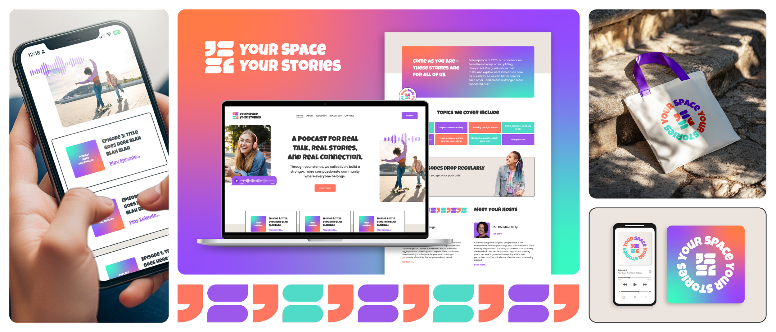 Portfolio cover for Your Space Your Stories: brand identity, website design, and platform strategy work shown across web, mobile, and product mockups