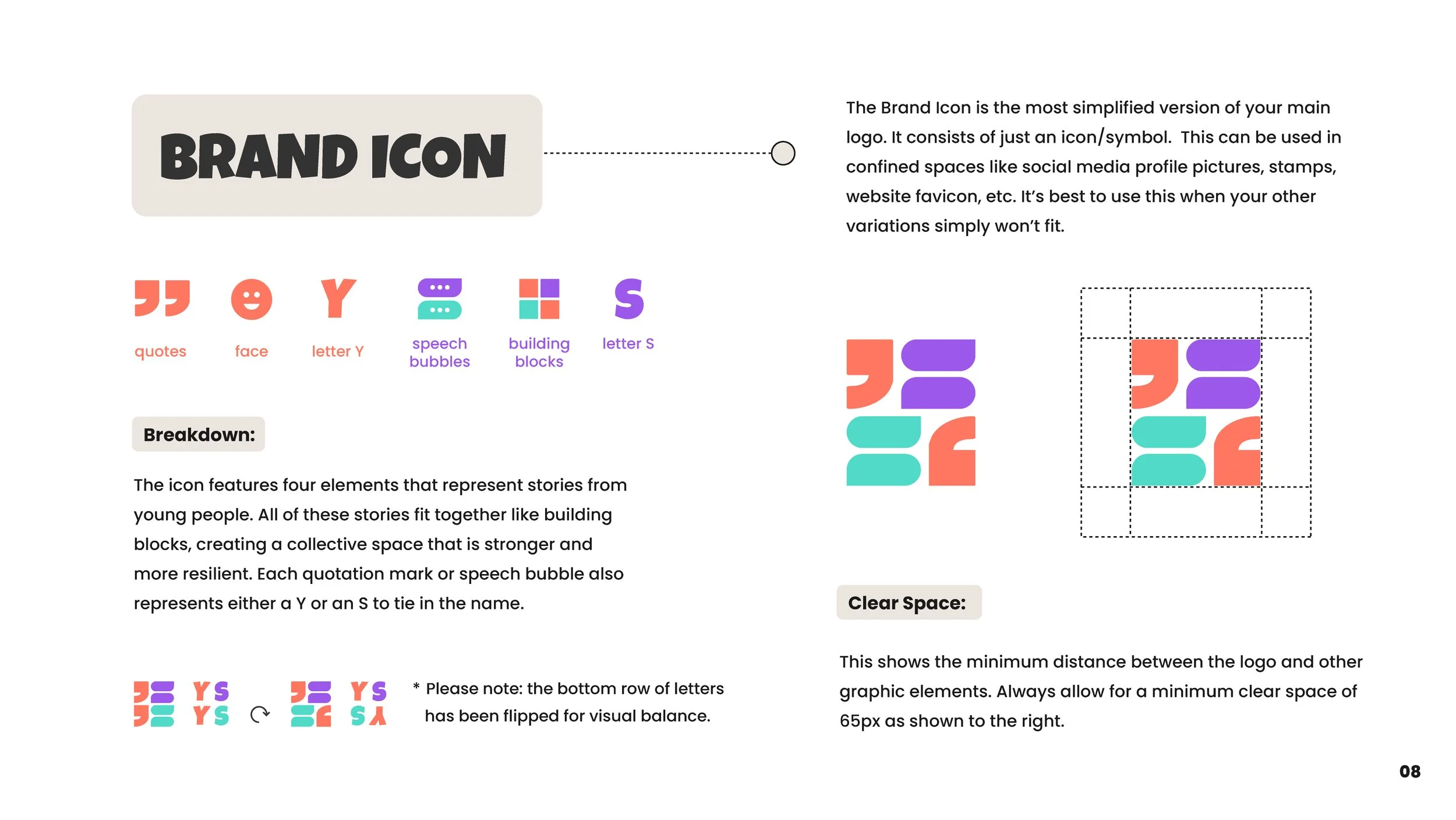 Brand icon breakdown for YSYS showing how a quotation mark, abstract face, and speech bubbles combine to form the letters Y and S