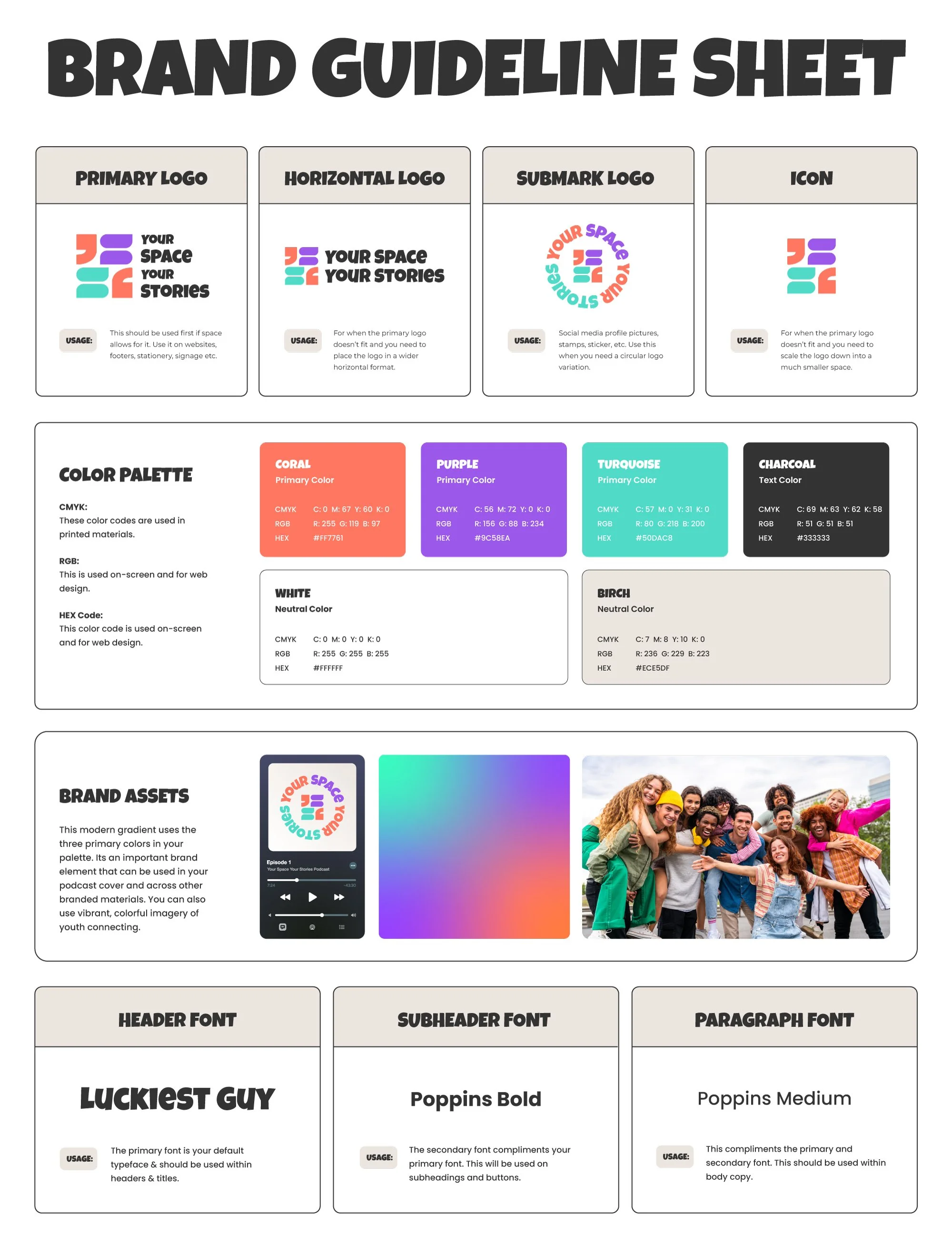Brand guideline sheet designed for YSYS showing logo variations, the coral, purple, and turquoise color palette, and Luckiest Guy and Poppins typography