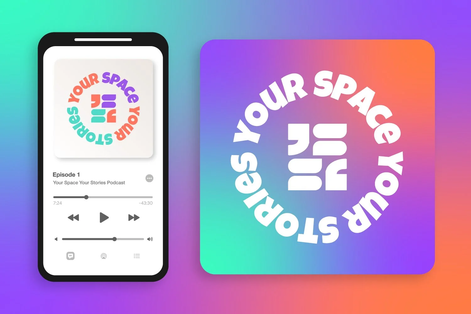 Podcast cover art designed for YSYS shown on a phone screen next to the brand's coral, purple, and turquoise gradient used across marketing materials