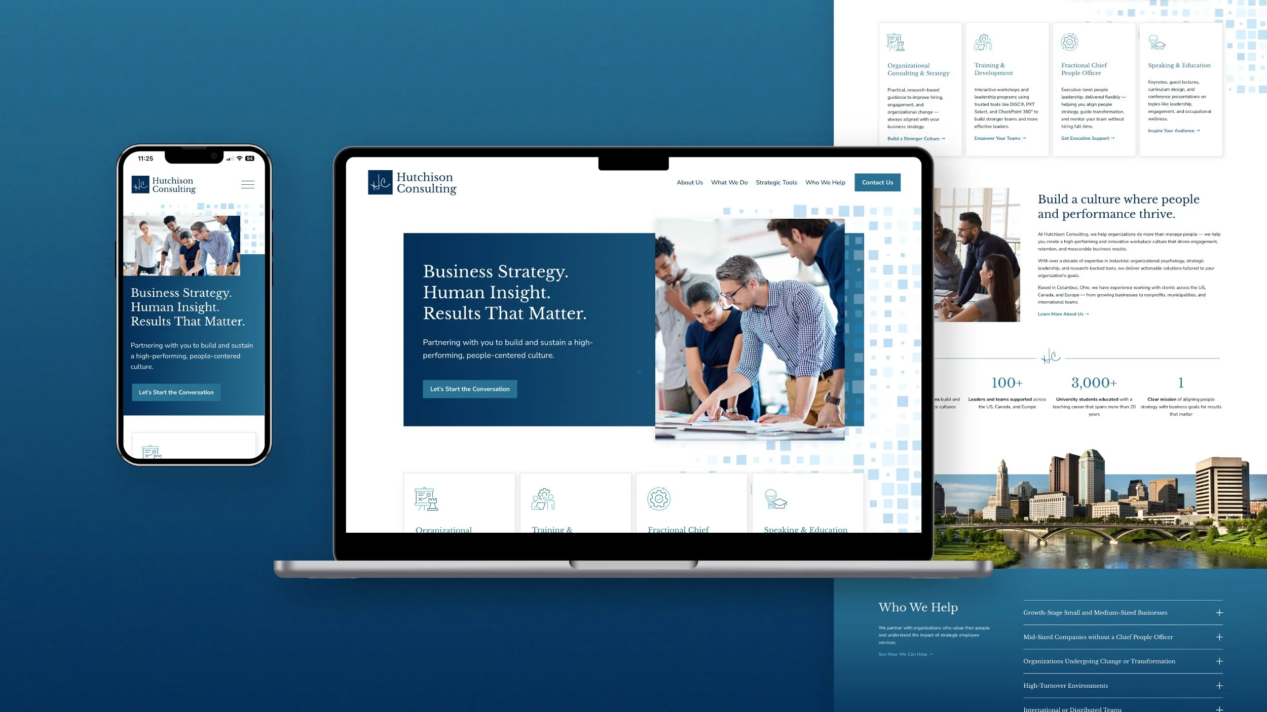 Responsive design mockup of the Hutchison Consulting homepage on mobile and desktop, showing the hero section and Who We Help list
