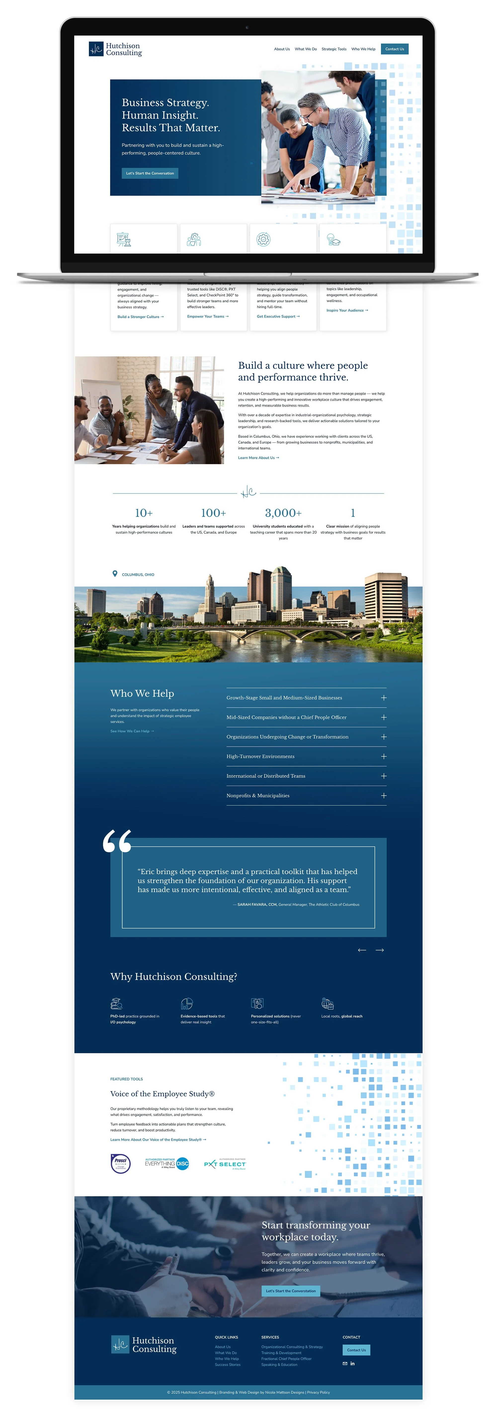 Laptop mockup of the full Hutchison Consulting homepage scroll, including the hero, service overview, skyline photo, and Who We Help section