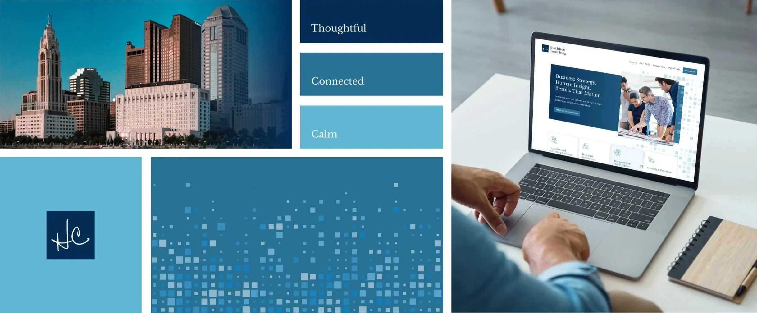 Hutchison Consulting brand mood board with Columbus skyline imagery, brand keywords, the HC logo mark, and a laptop mockup of the new homepage
