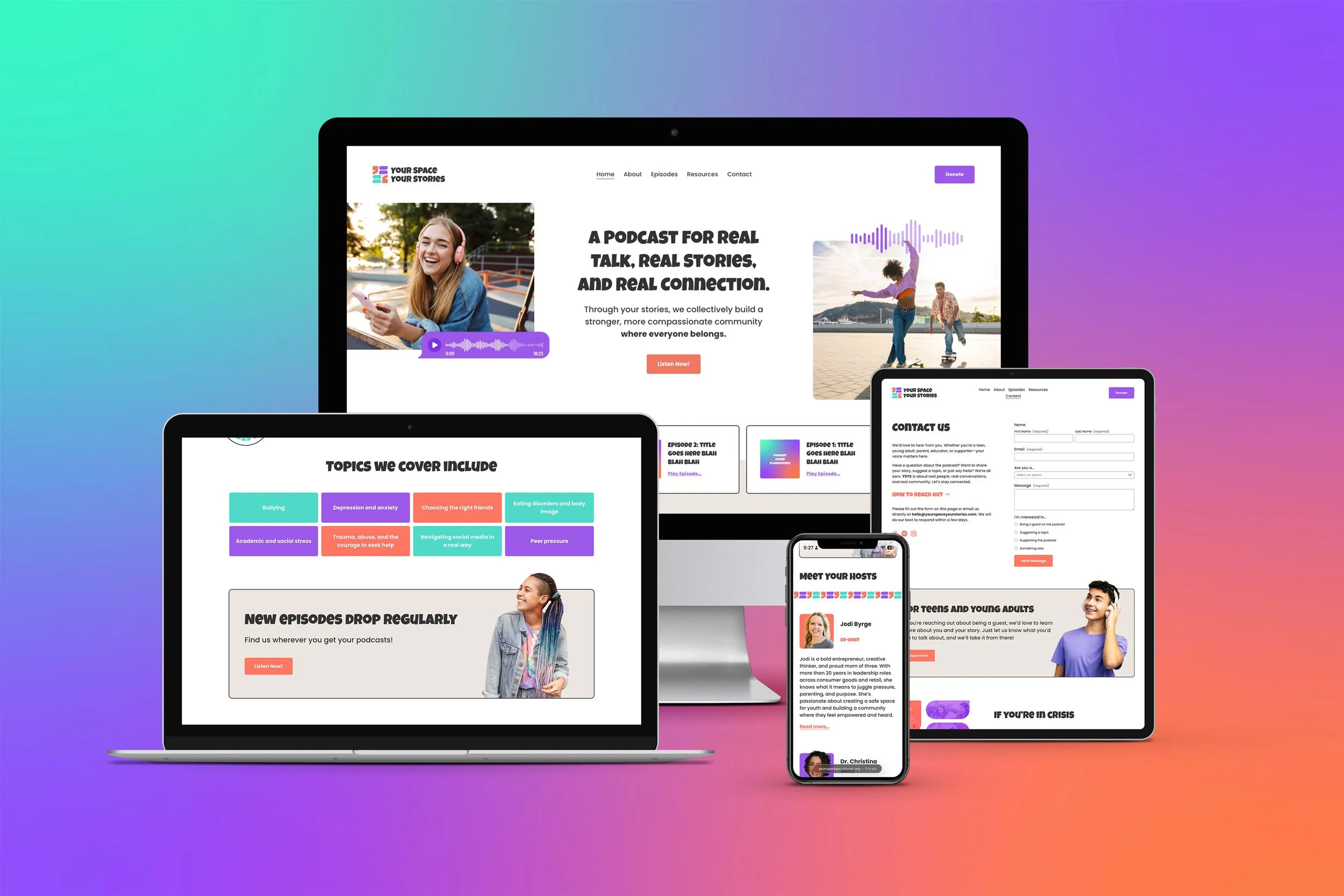 Homepage design created for YSYS shown across laptop, tablet, and phone screens against a purple to orange gradient background