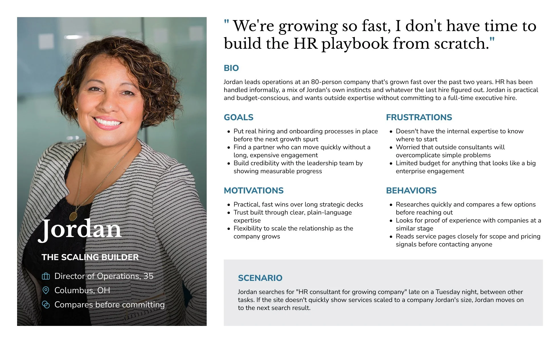 Persona card for Jordan, The Scaling Builder, outlining her goals, frustrations, motivations, and behaviors as a growth-stage SMB leader