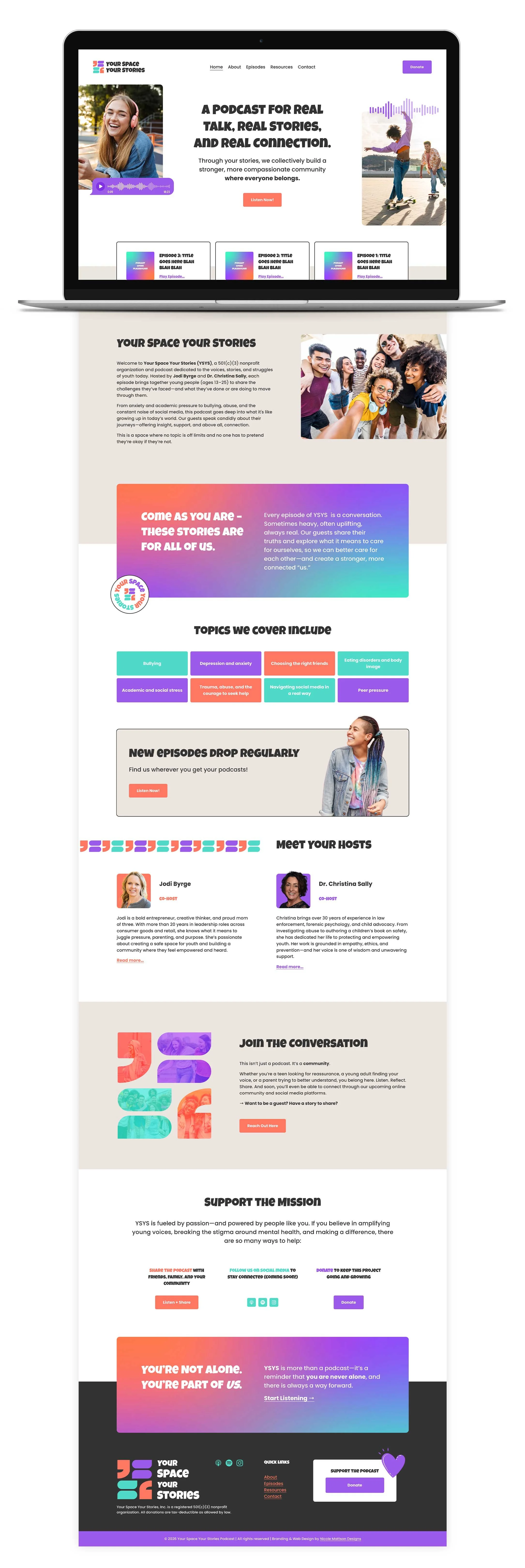 Full scrolling screenshot of the YSYS homepage design showing the hero section, mission statement, topics covered, host bios, and donation call to action
