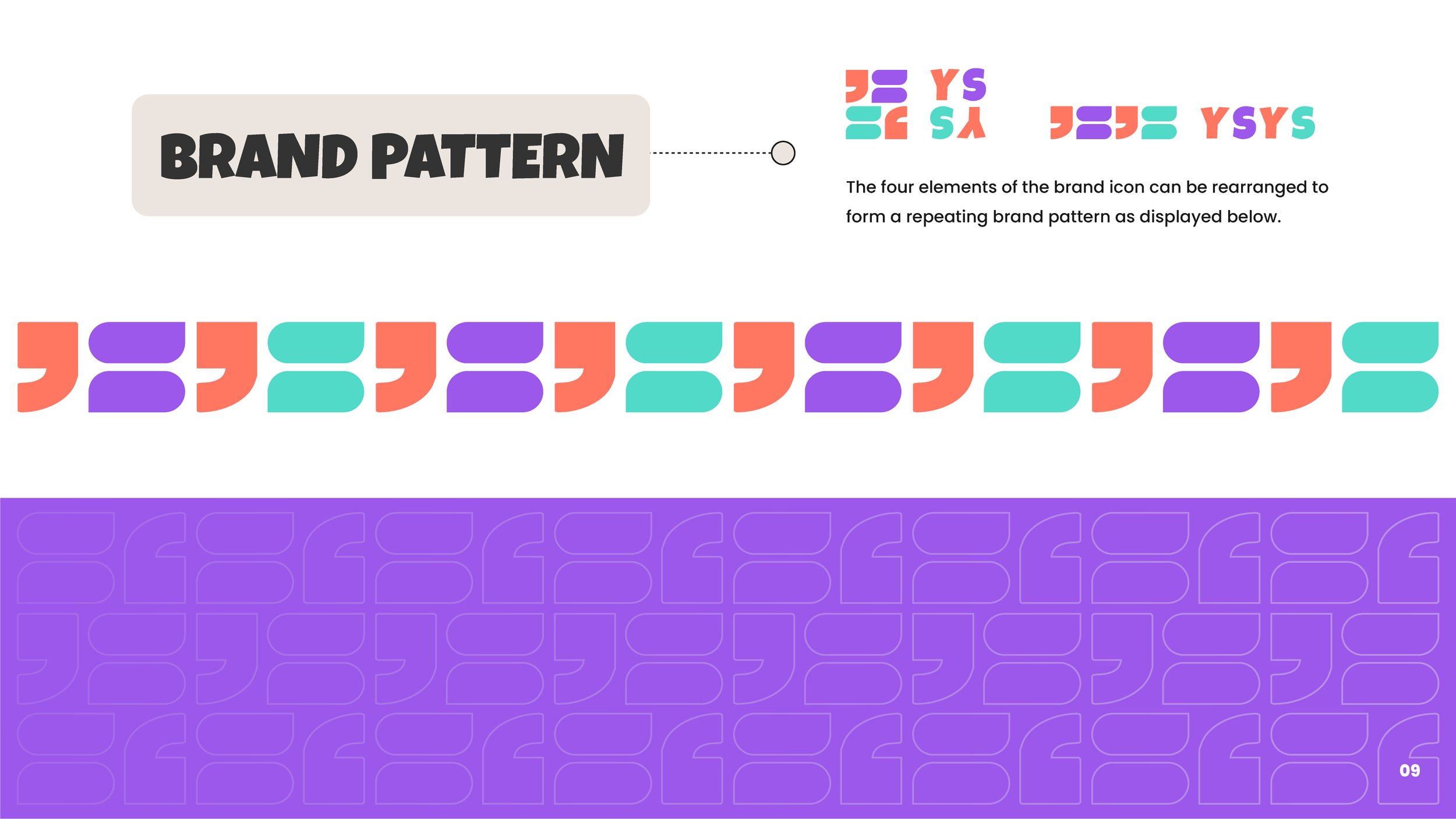 Repeating brand pattern designed for YSYS using the icon shapes in coral, purple, and turquoise, plus a purple background texture version