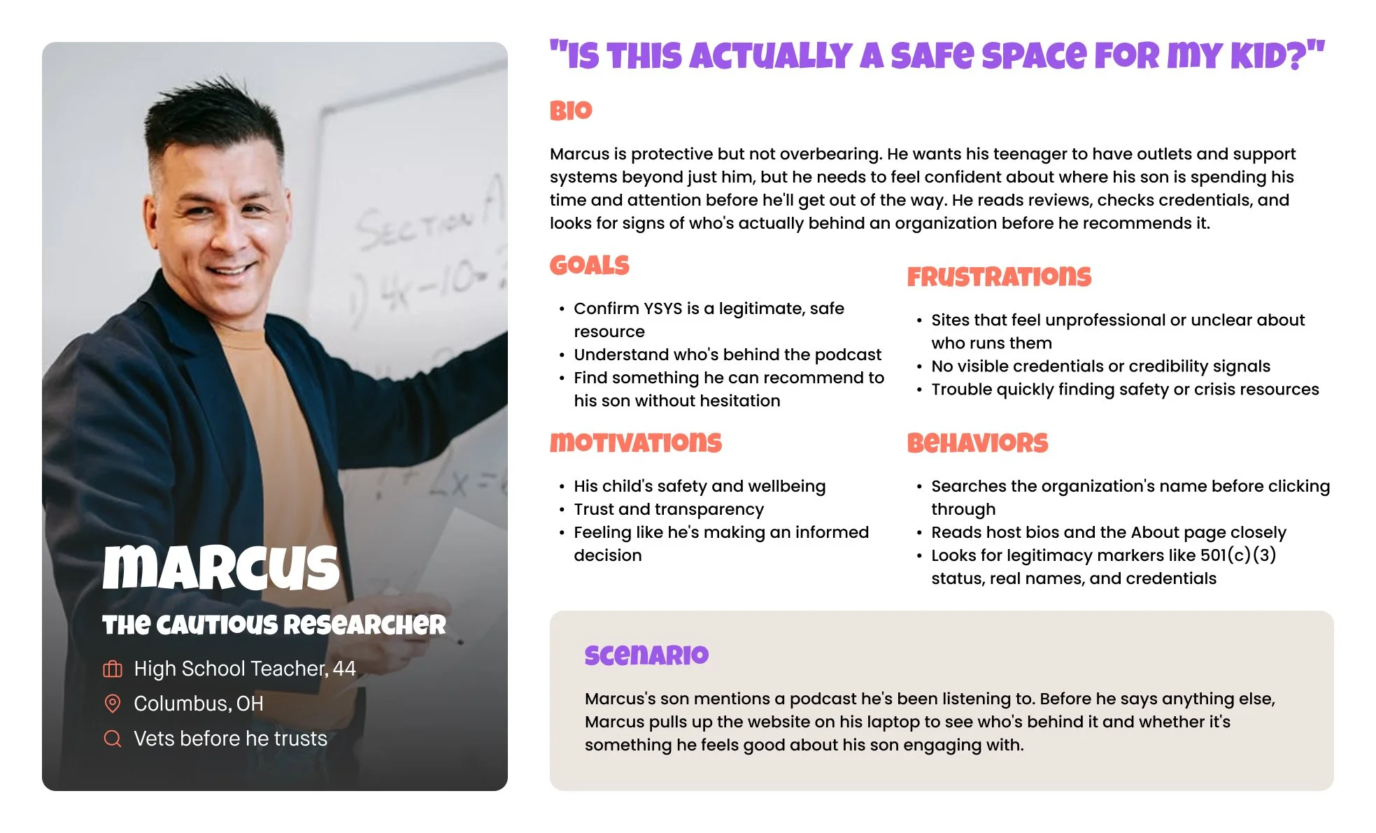 User persona card for Marcus, "The Cautious Researcher," a 44-year-old teacher persona created for YSYS representing parents evaluating the podcast's safety