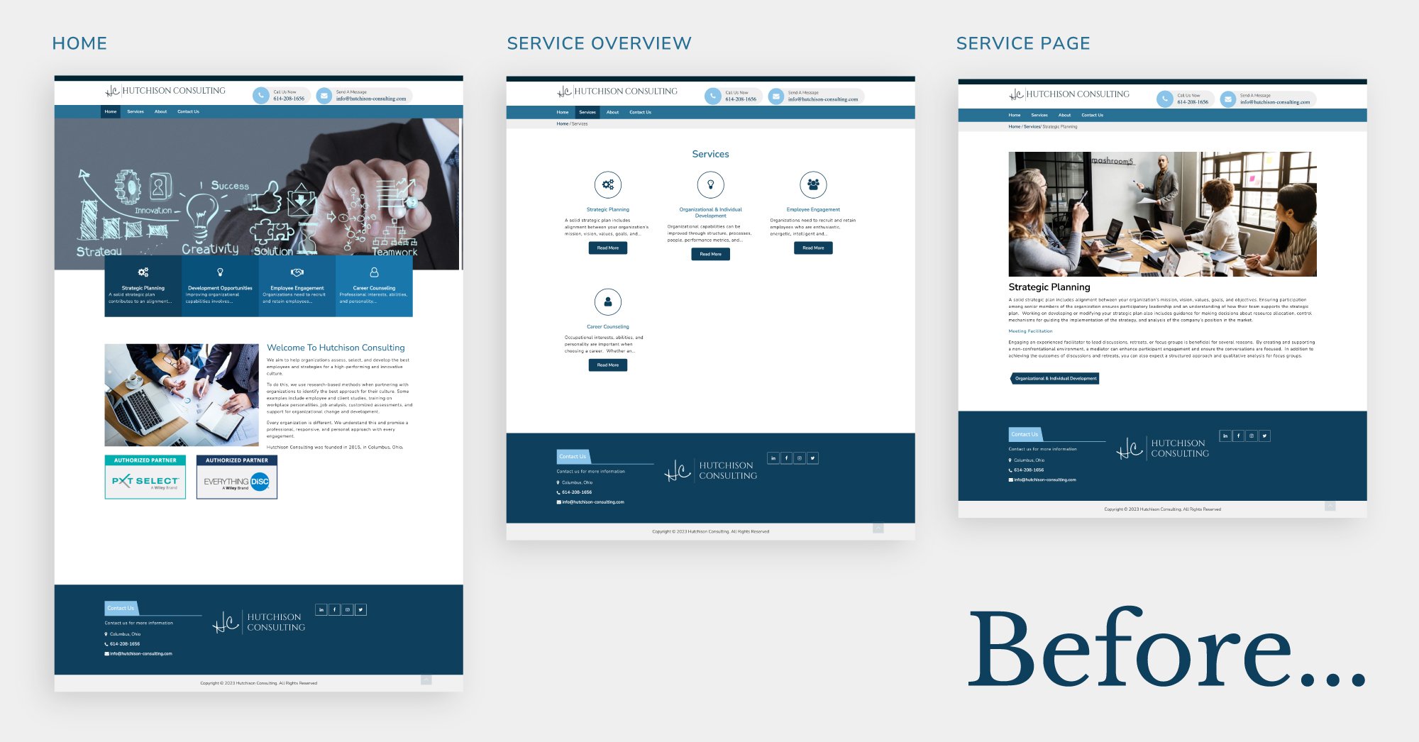 Before screenshots of the old Hutchison Consulting website showing the homepage, flat services overview, and a vague service page