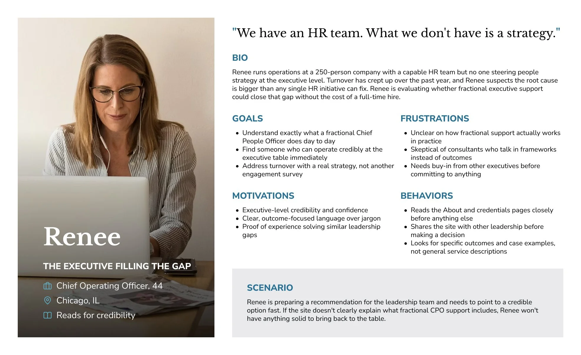 Persona card for Renee, The Executive Filling the Gap, outlining her goals, frustrations, motivations, and behaviors as an executive evaluating fractional HR support