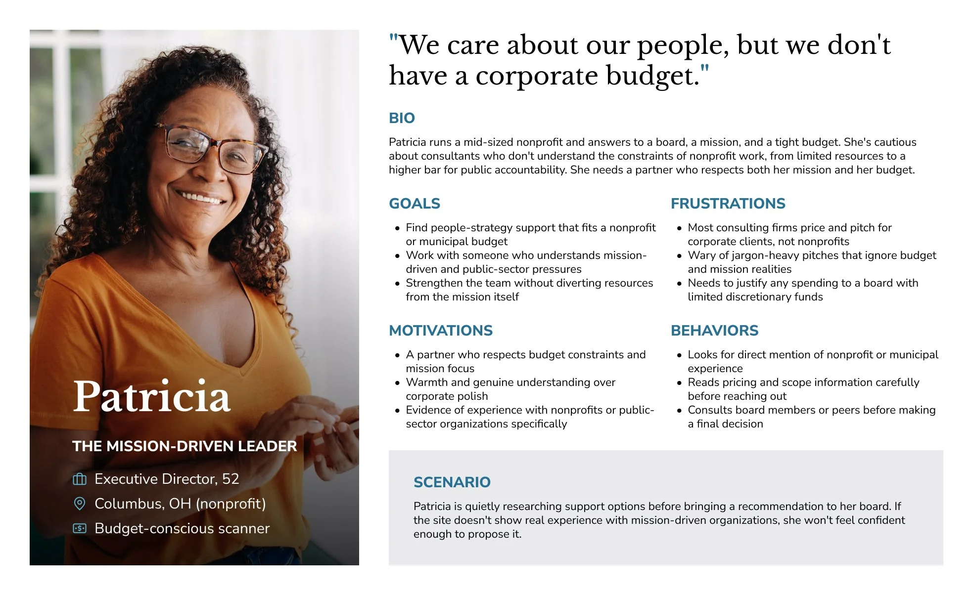 Persona card for Patricia, The Mission-Driven Leader, outlining her goals, frustrations, motivations, and behaviors as a nonprofit executive director