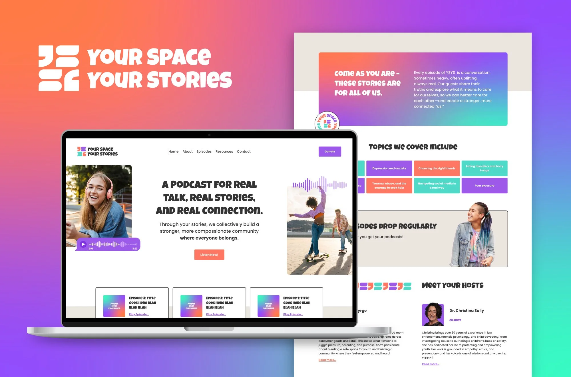Brand identity and website design for YSYS, a nonprofit podcast, shown as a gradient logo treatment beside a laptop mockup of the homepage