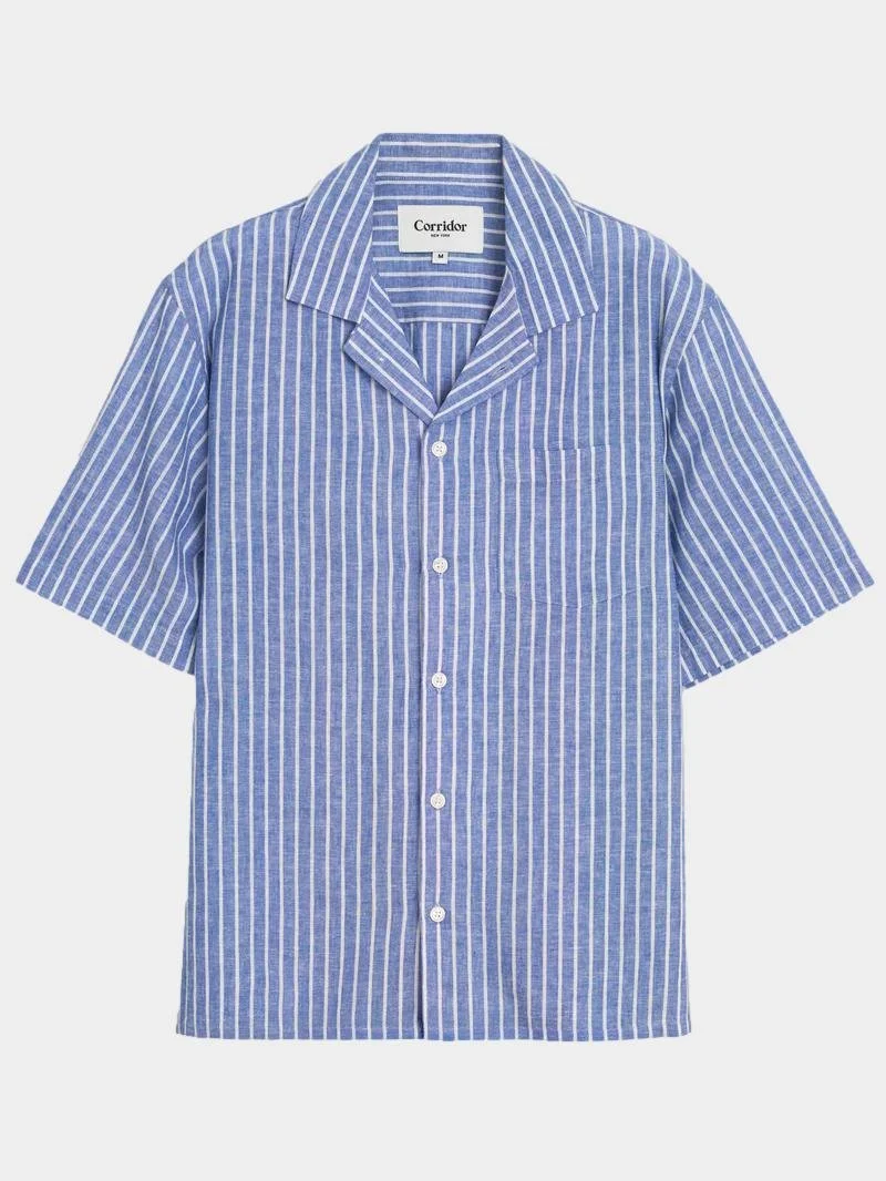 Linen Stripe Short Sleeve Shirt in Blue