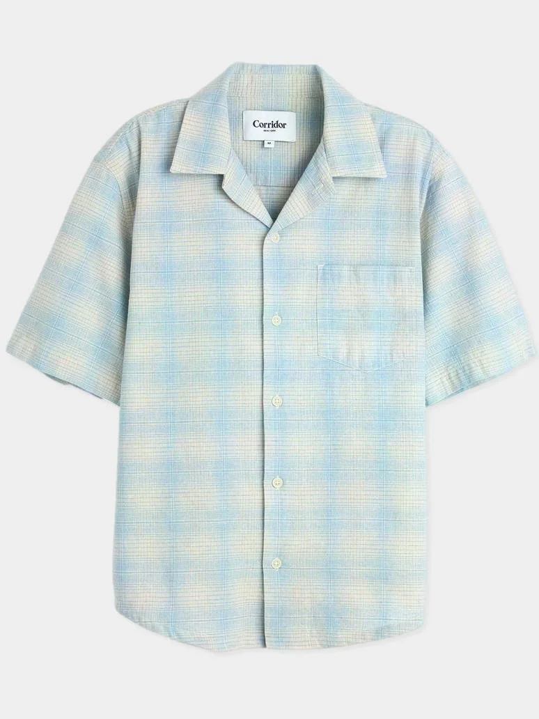 Linen Plaid Short Sleeve Shirt in Light Blue