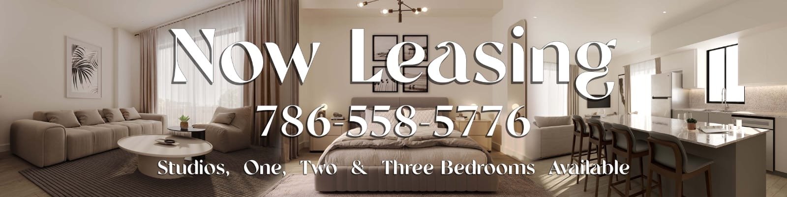 Interior apartment living room with beige sofas, a coffee table, a bed, and a kitchen with bar stools. Text overlay promoting leasing contact and details.