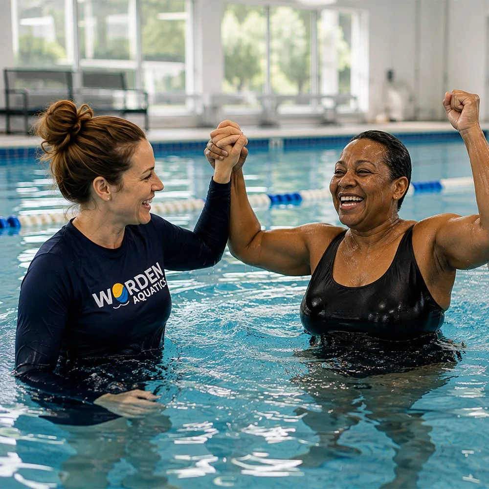 Worden Aquatics instructor celebrating with two adult swimmers after completing a successful private swim lesson at an indoor pool in Nashville, TN.