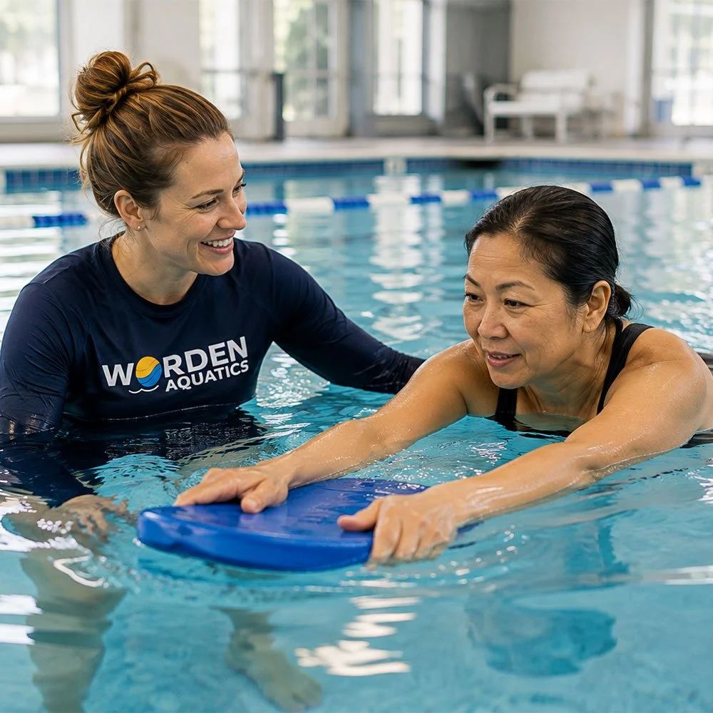 Worden Aquatics instructor teaching an adult swimmer to use a kickboard during a private swim lesson at an indoor pool in Nashville, TN.