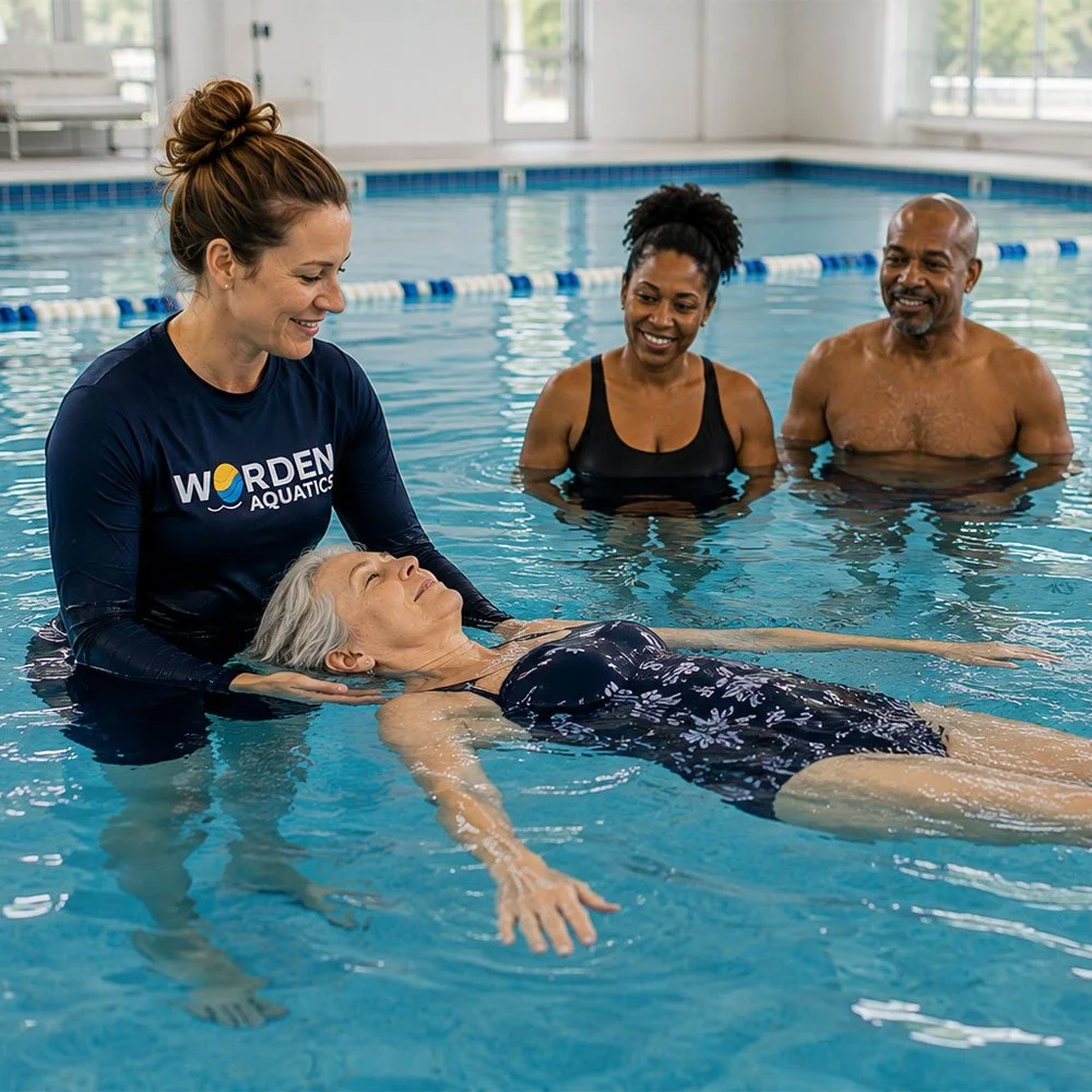 Worden Aquatics instructor teaching an older adult how to float on her back while three adult students observe during a beginner swim class at an indoor pool in Nashville, TN.
