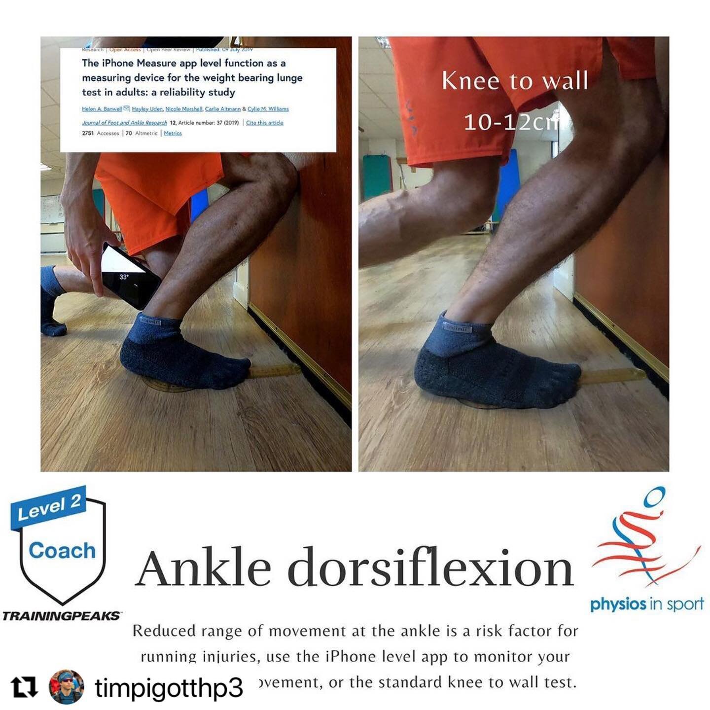 Reposting for my MSc Advanced Physio students
・・・
A reduced range of ankle joint motion has been shown to have a negative impact on lower limb function and economy of gait.  Measure your ankle range with either the iPhone level app or the knee to wal