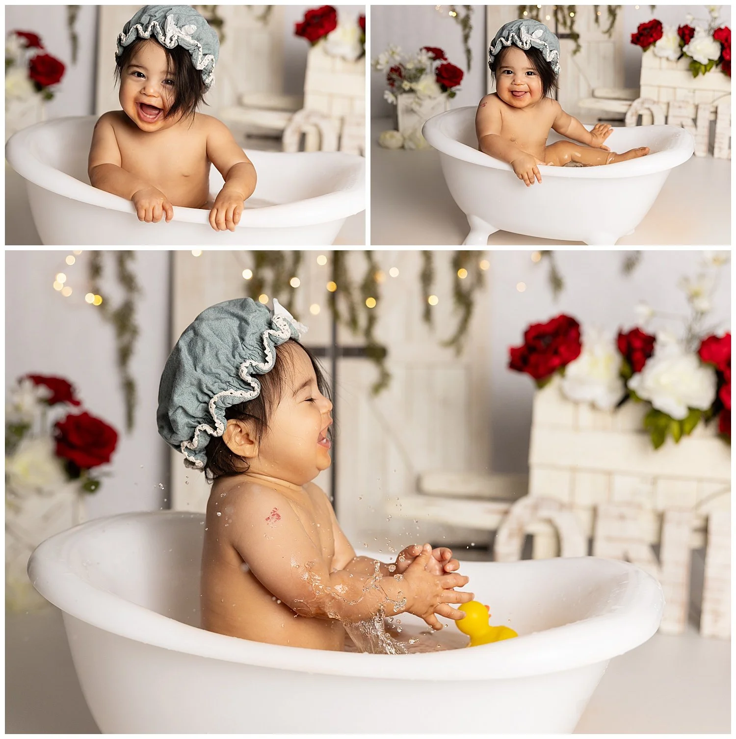 3 image collage of one year old girl splashing in tub clean up after cakesmash session