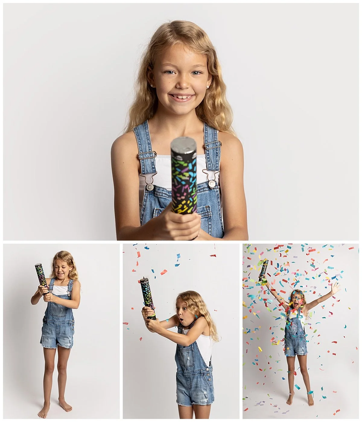 Girl celebrating with colorful confetti during a kids photo session at an Austin photography studio