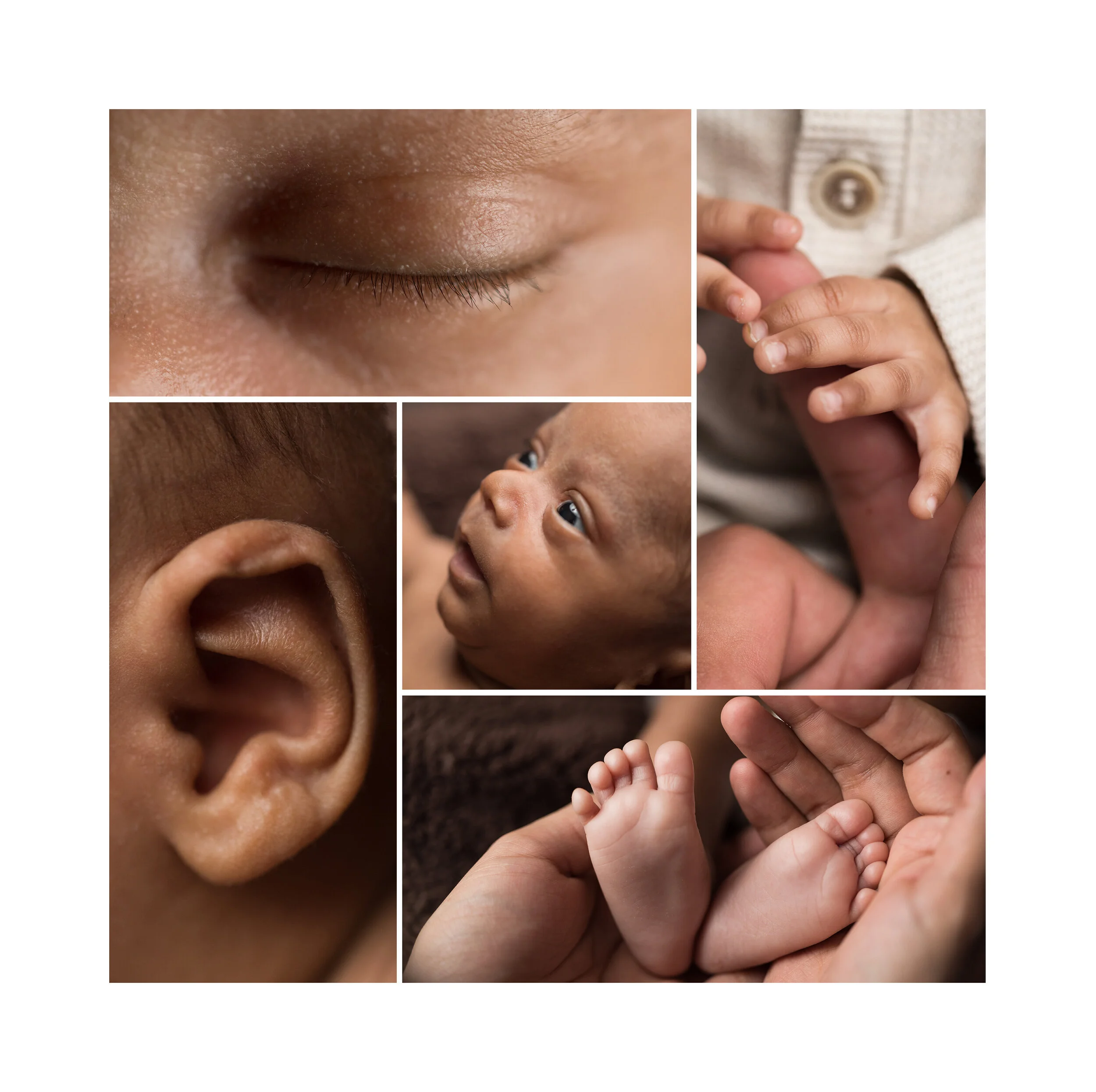 Close-up newborn photographs of Baby Madx highlighting his tiny hands, feet, eyes, and features during his Austin photography session.