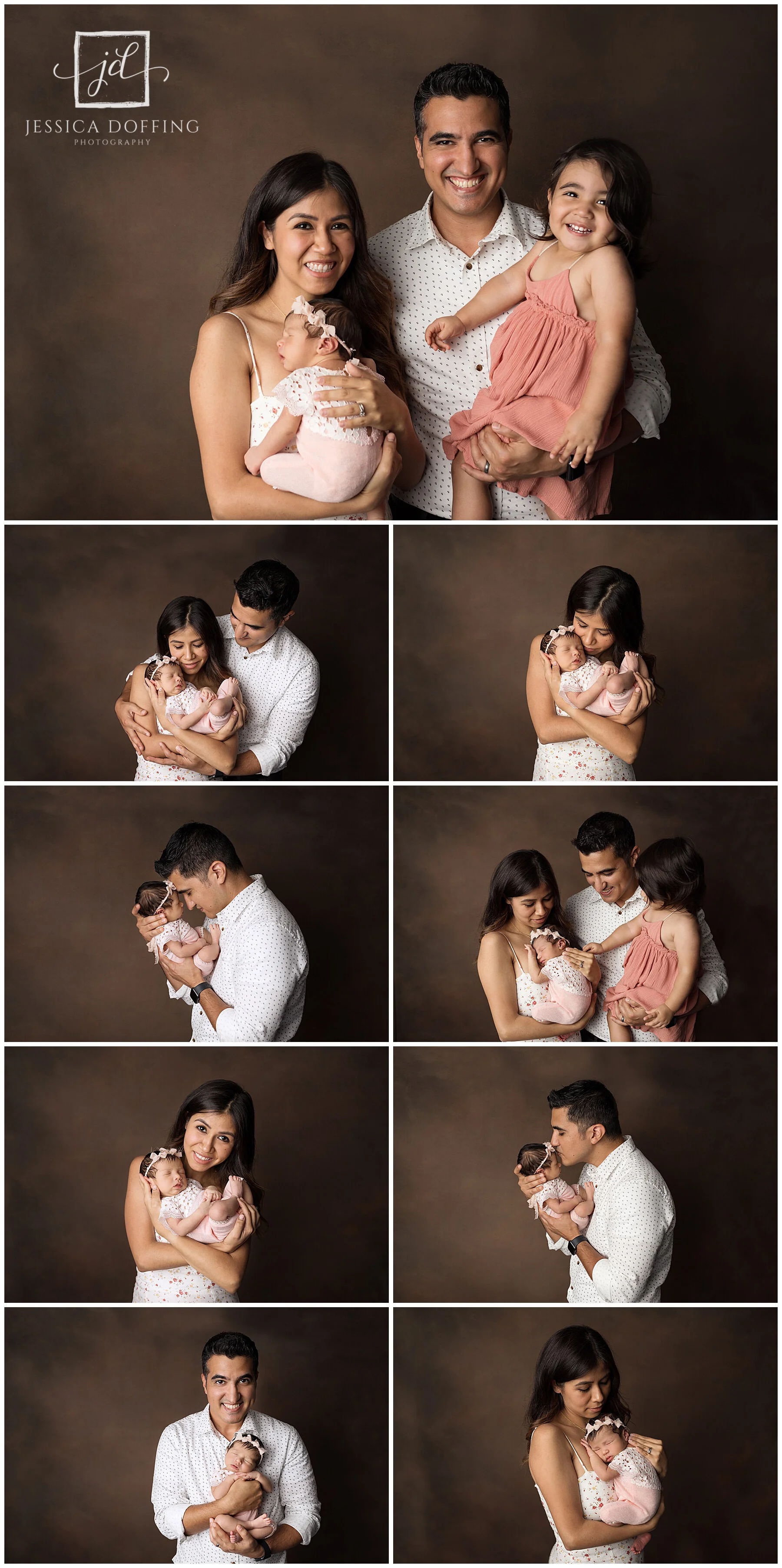 Family and sibling newborn portrait collage featuring parents, older sister, and newborn baby girl during a studio newborn photography session in Austin, Texas.