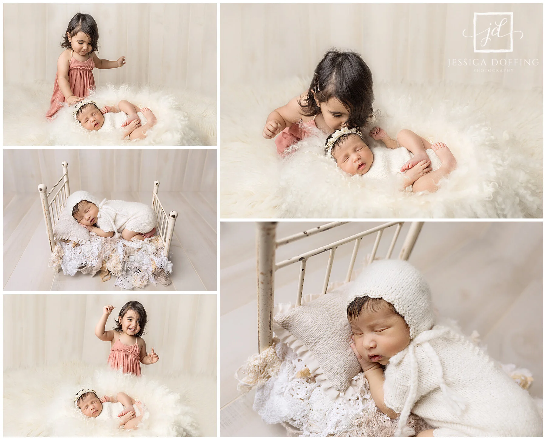 Newborn photography collage featuring a baby girl with her older sister and individual portraits in a vintage bed prop during a studio session in Austin, Texas.