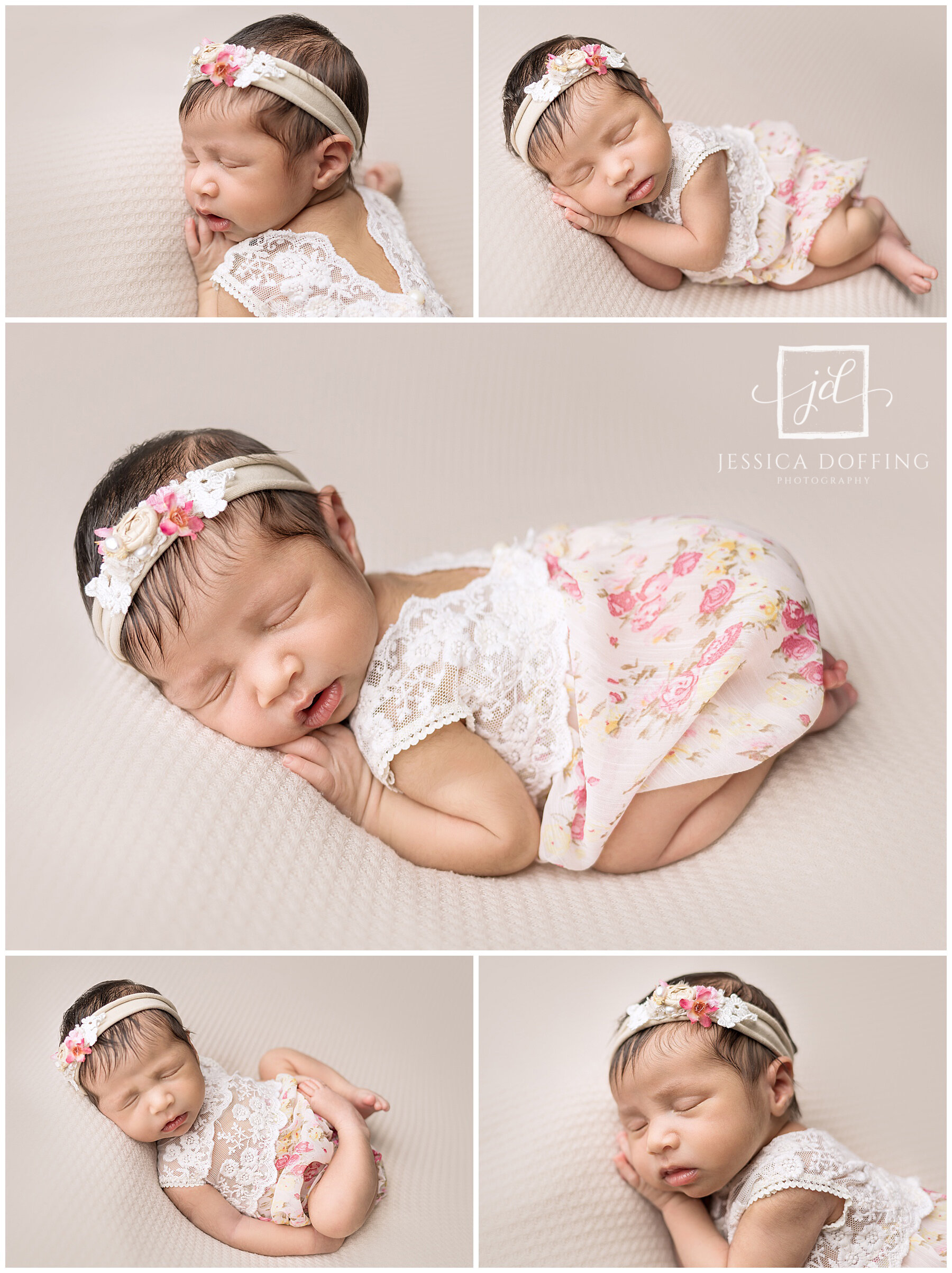 Collage of posed newborn baby girl portraits wearing a floral outfit and headband during a studio newborn photography session in Austin, Texas.