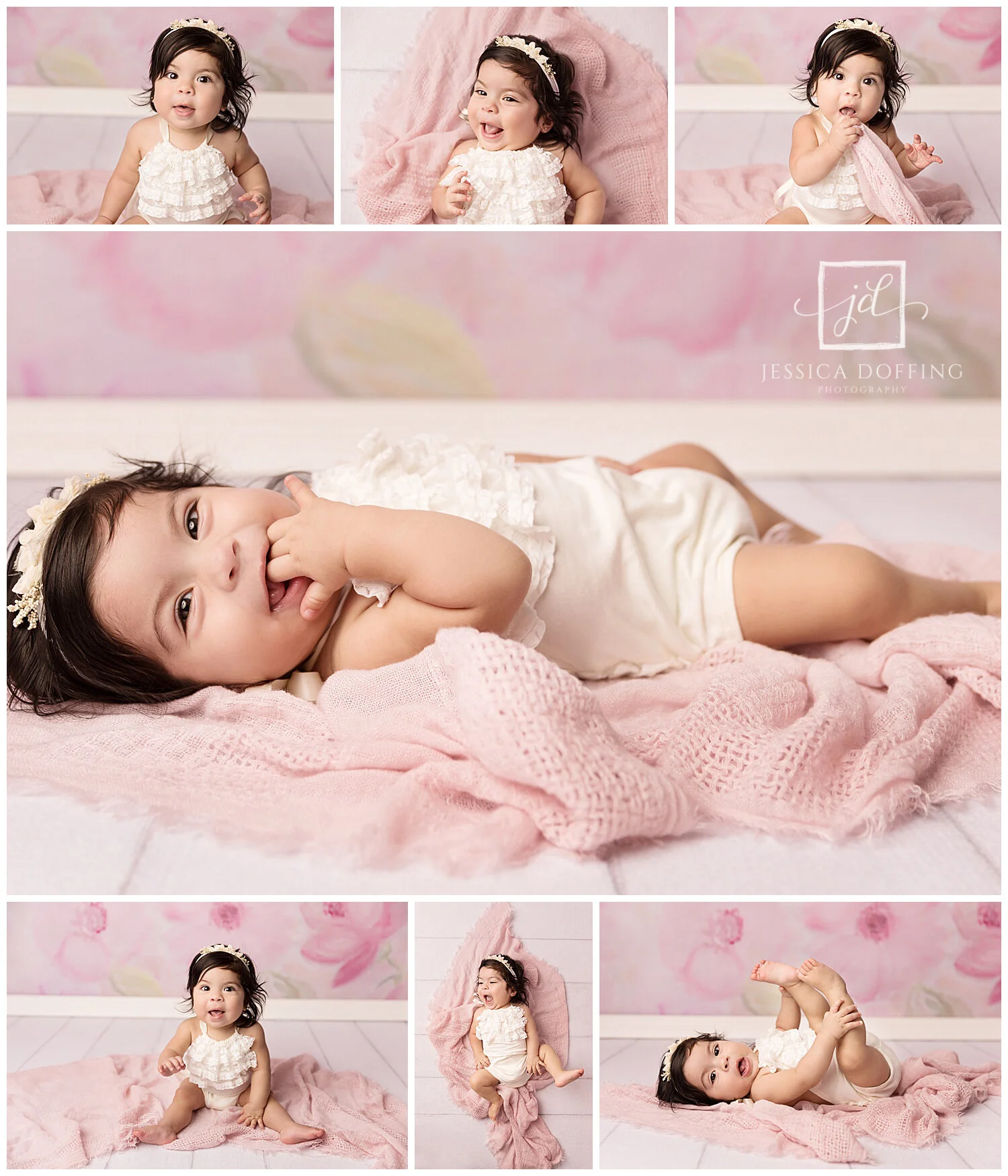 Collage of Baby Lizbeth's Heart Warrior portrait session featuring soft pink styling and joyful milestone portraits in Austin, Texas.
