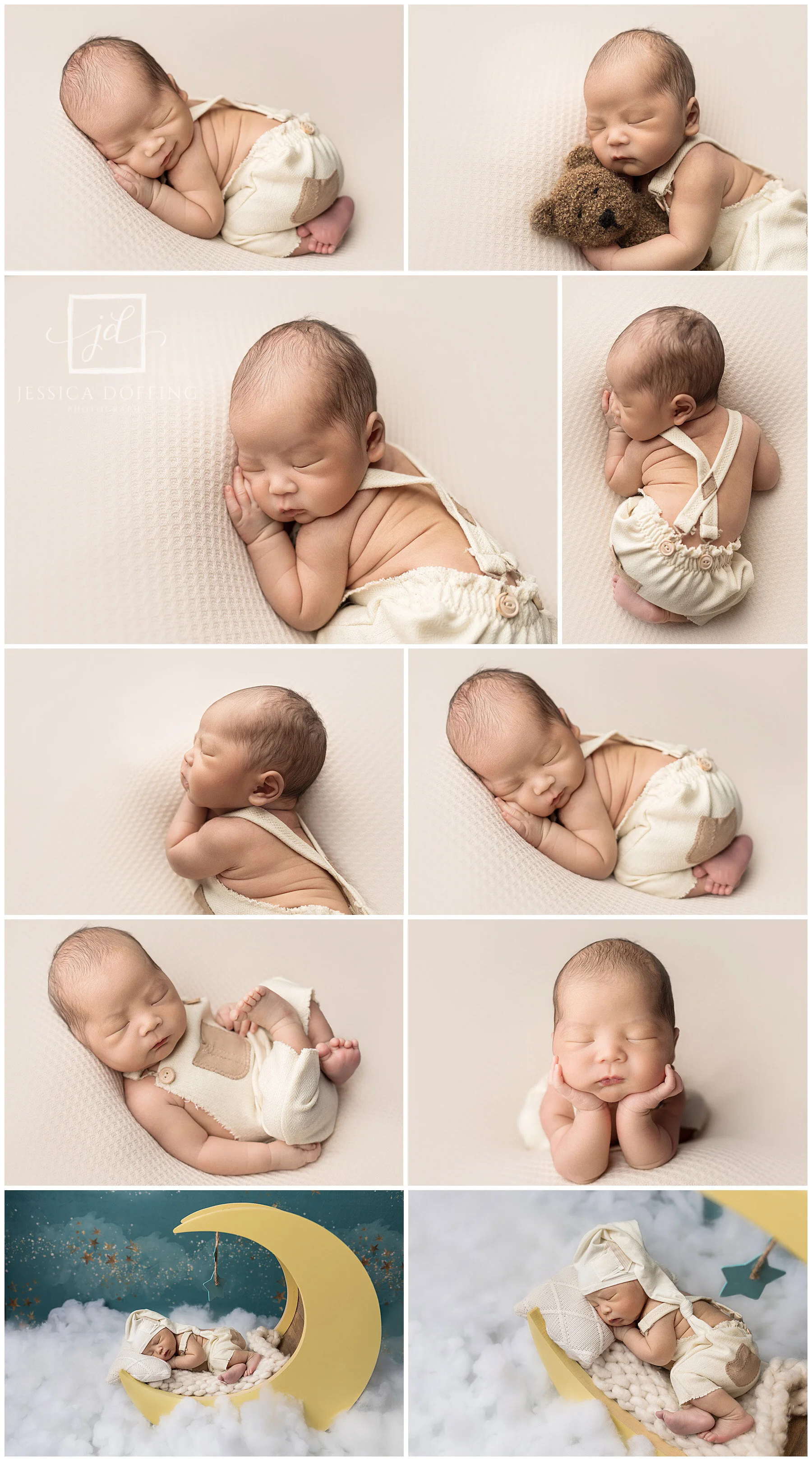 Collage of Baby Lionel's newborn portraits featuring neutral tones, vintage suspenders, and timeless posed newborn photography in Austin, Texas.