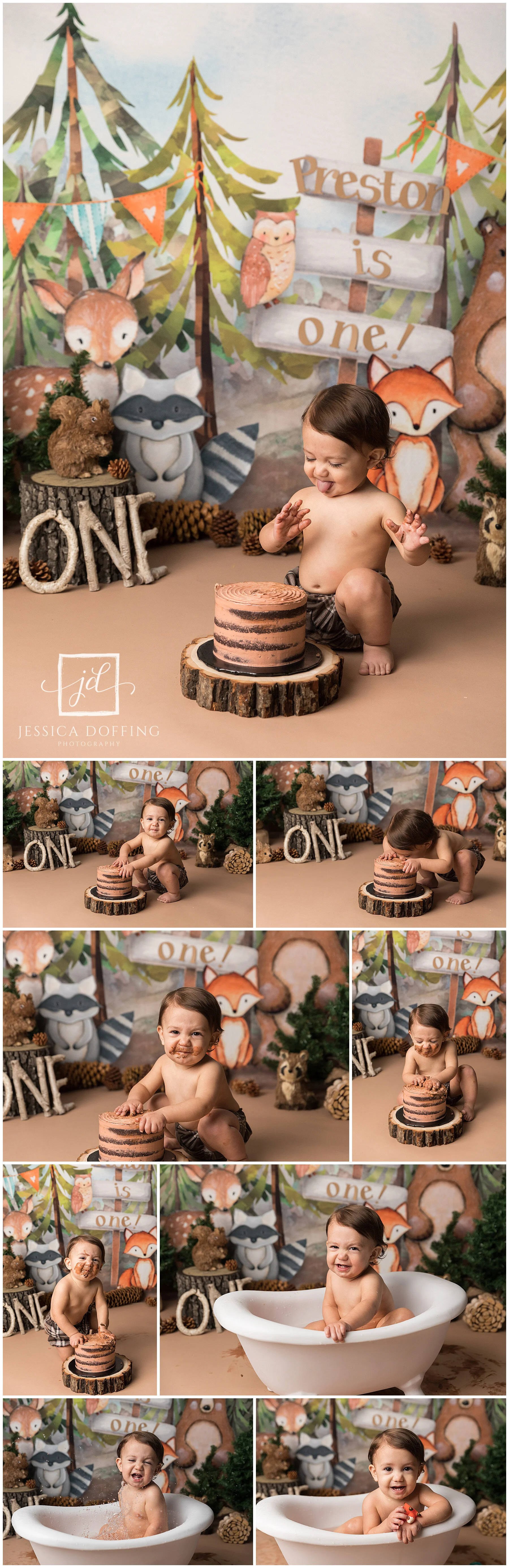 Woodland creatures first birthday cake smash theme with forest-inspired setup