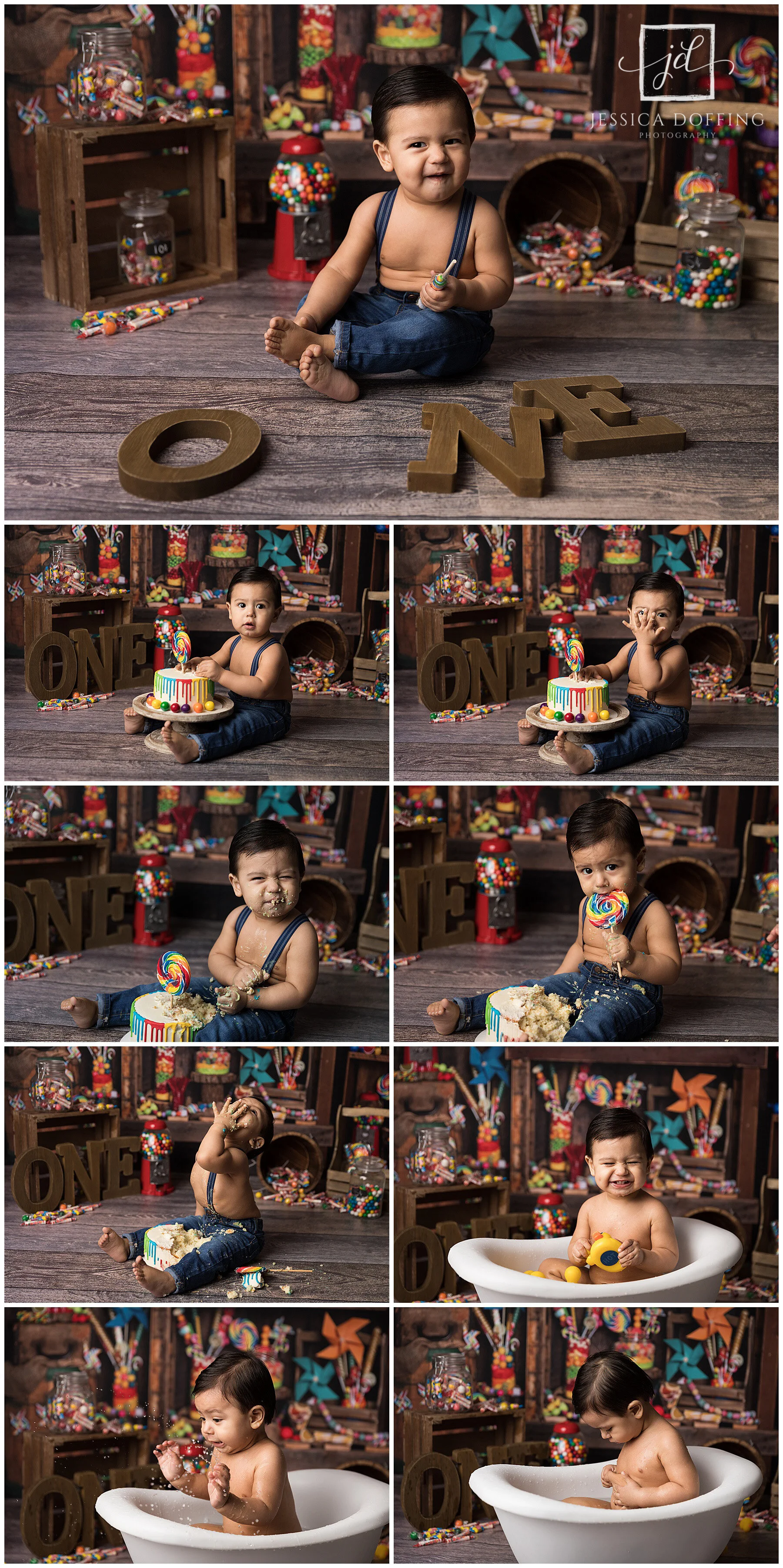 Candy shop cake smash setup for first birthday session in Austin, TX