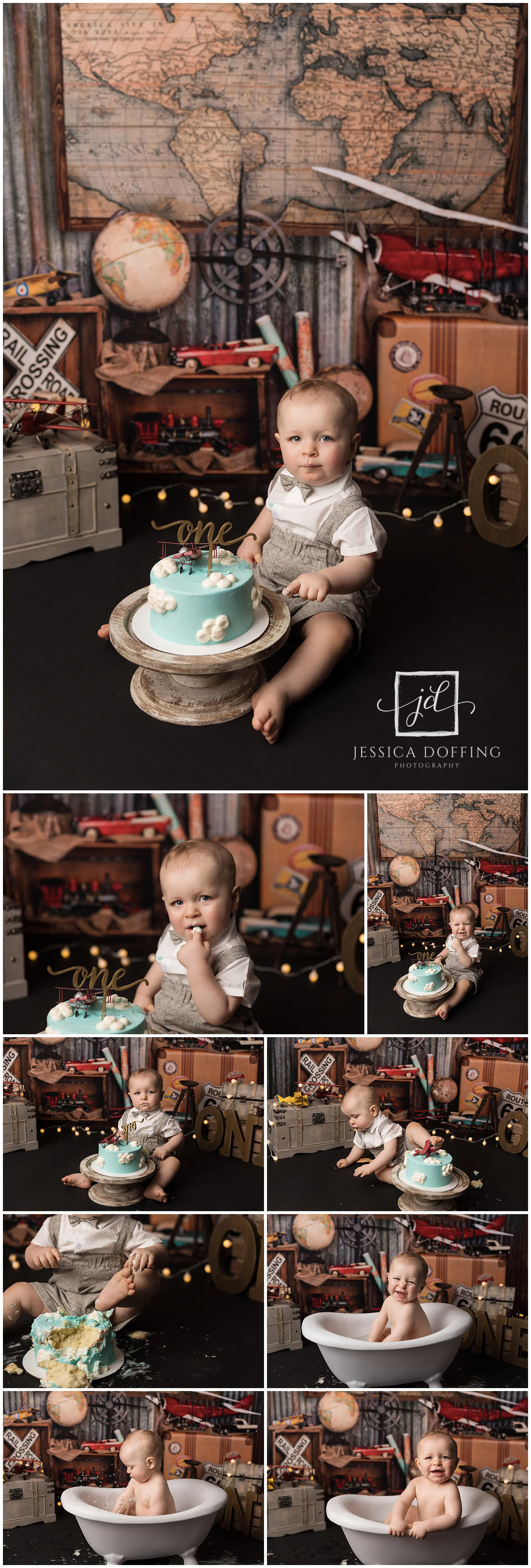 Travel themed first birthday photo ideas with suitcase and adventure props
