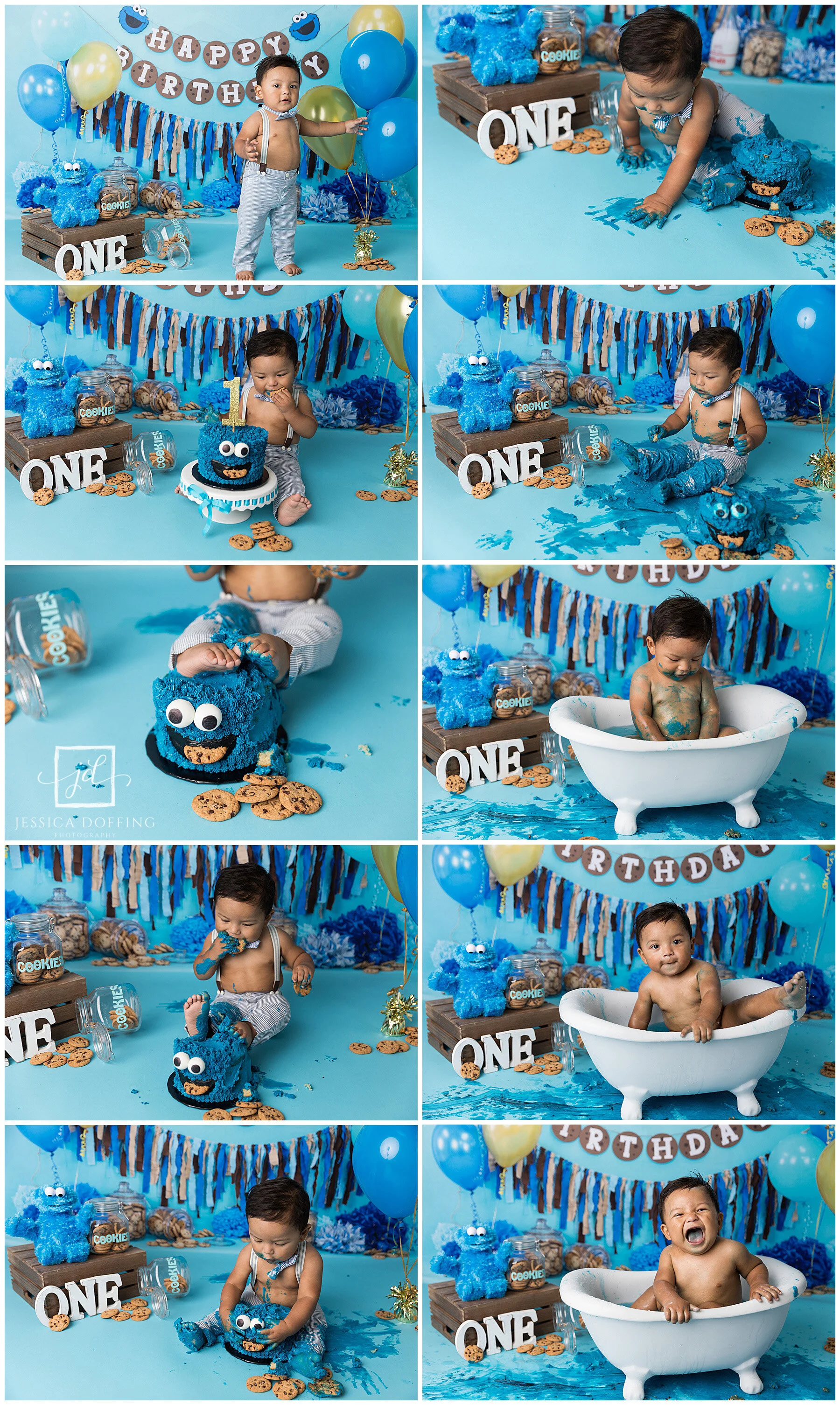 Cookie Monster cake smash session in Austin with blue theme and cookies