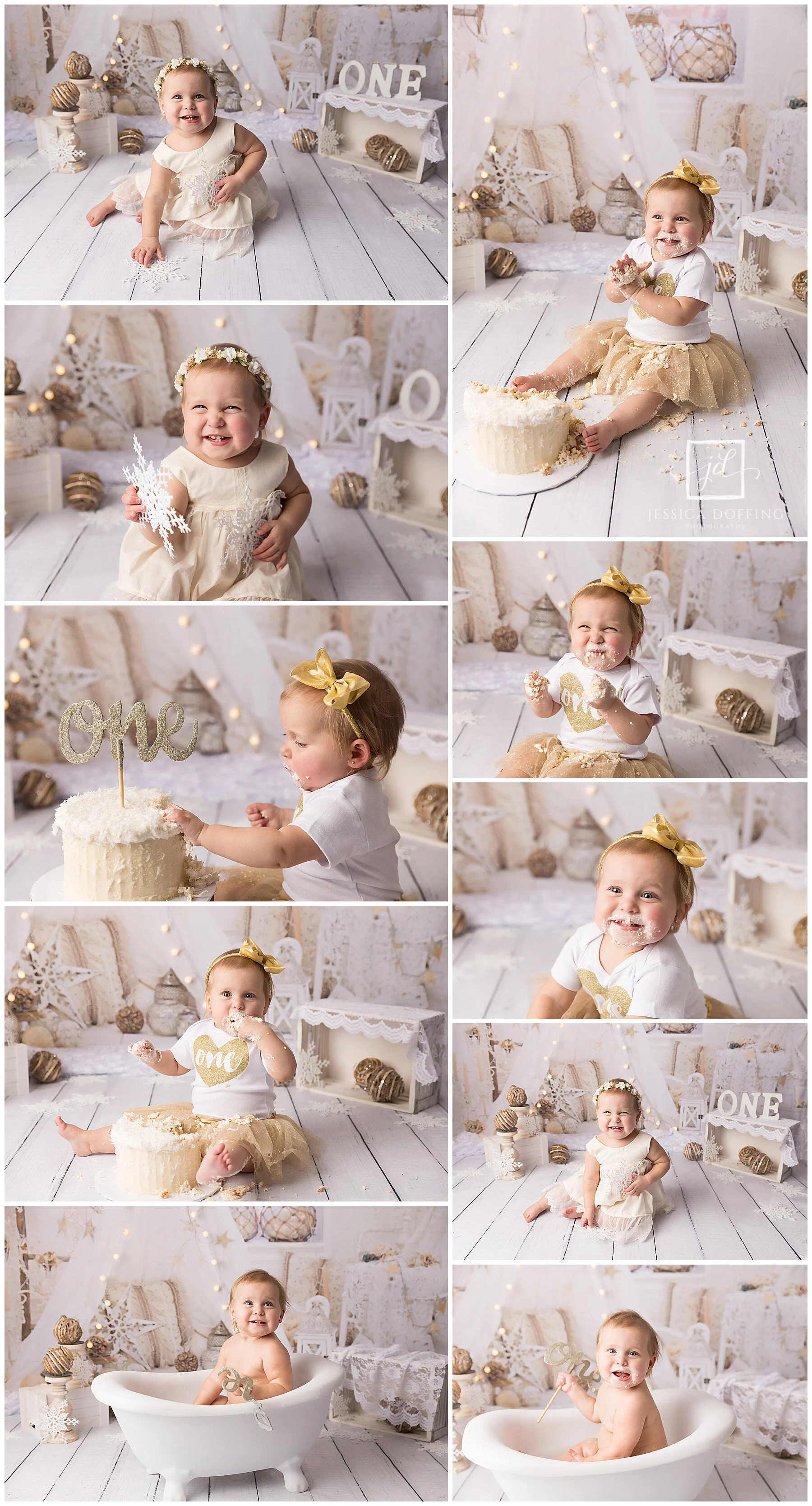 Winter snowflake themed first birthday photoshoot with soft seasonal styling