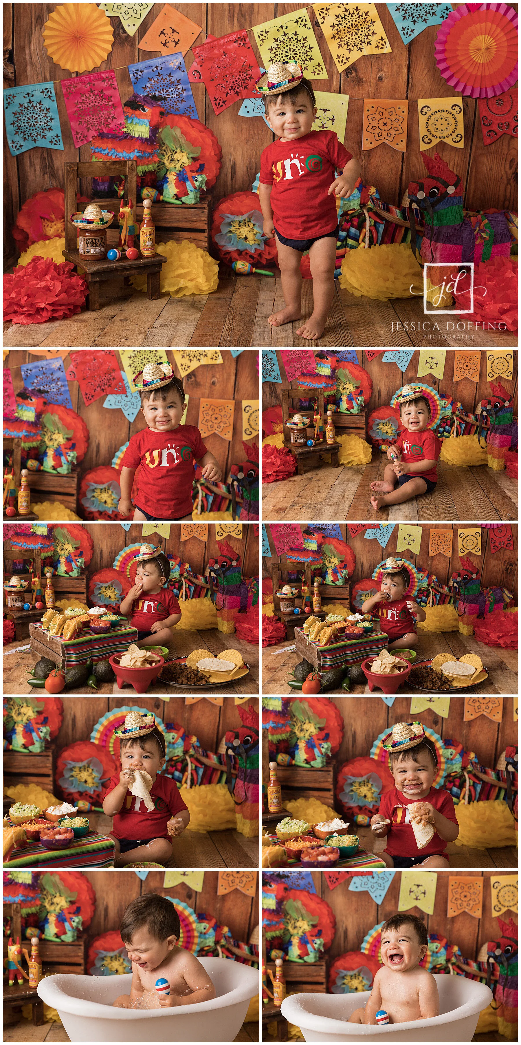 Taco themed first birthday cake smash in Austin with fun and colorful setup