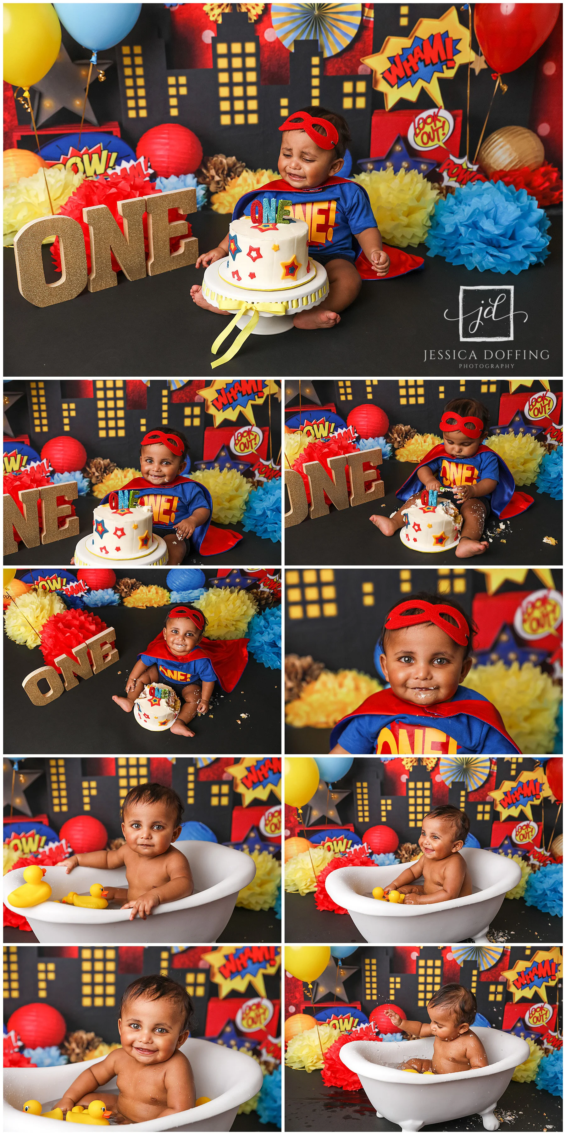 Superhero themed first birthday cake smash session with bold colors and props