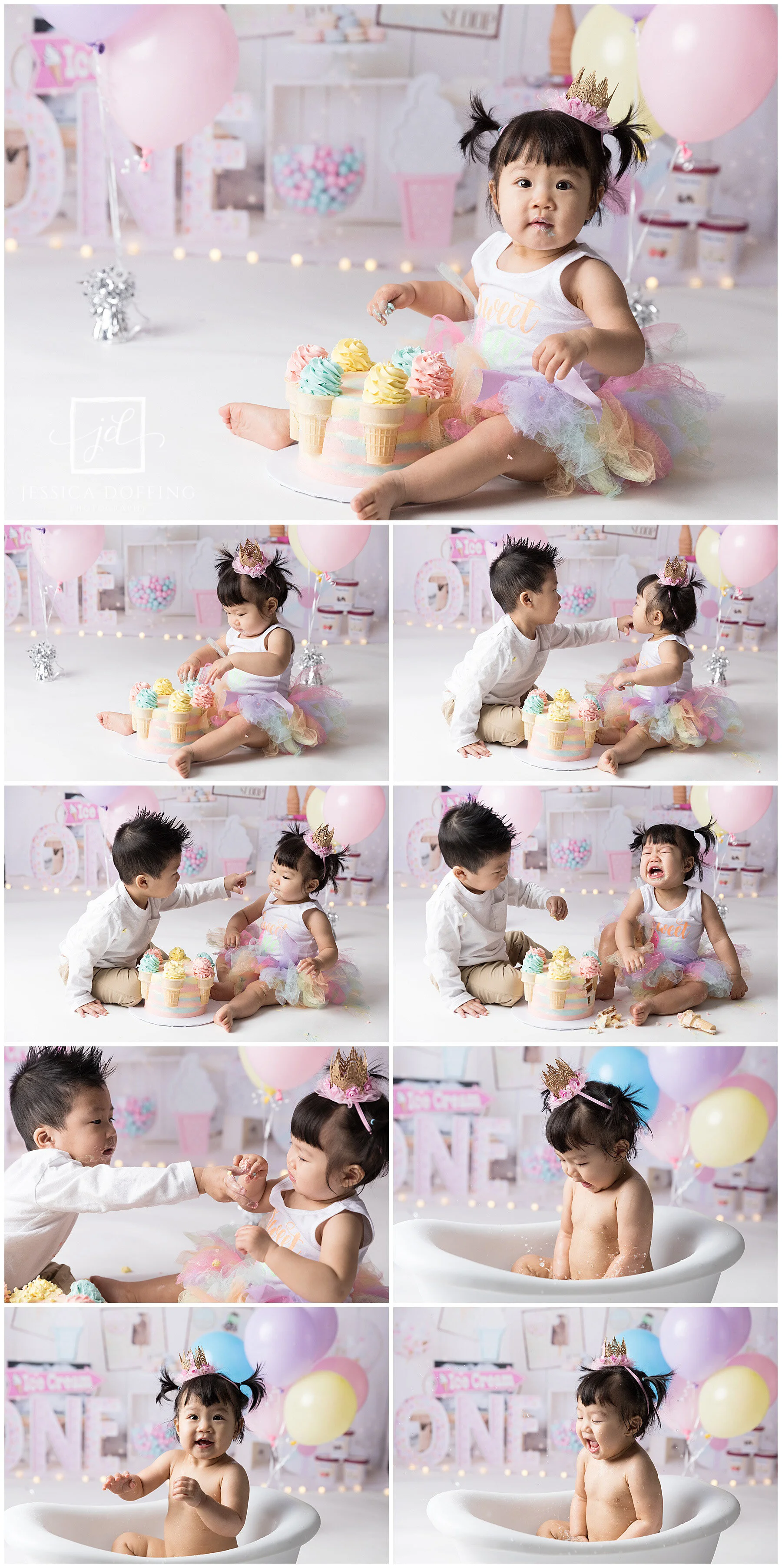 Pastel ice cream parlor cake smash setup in Austin with soft colors and sweets