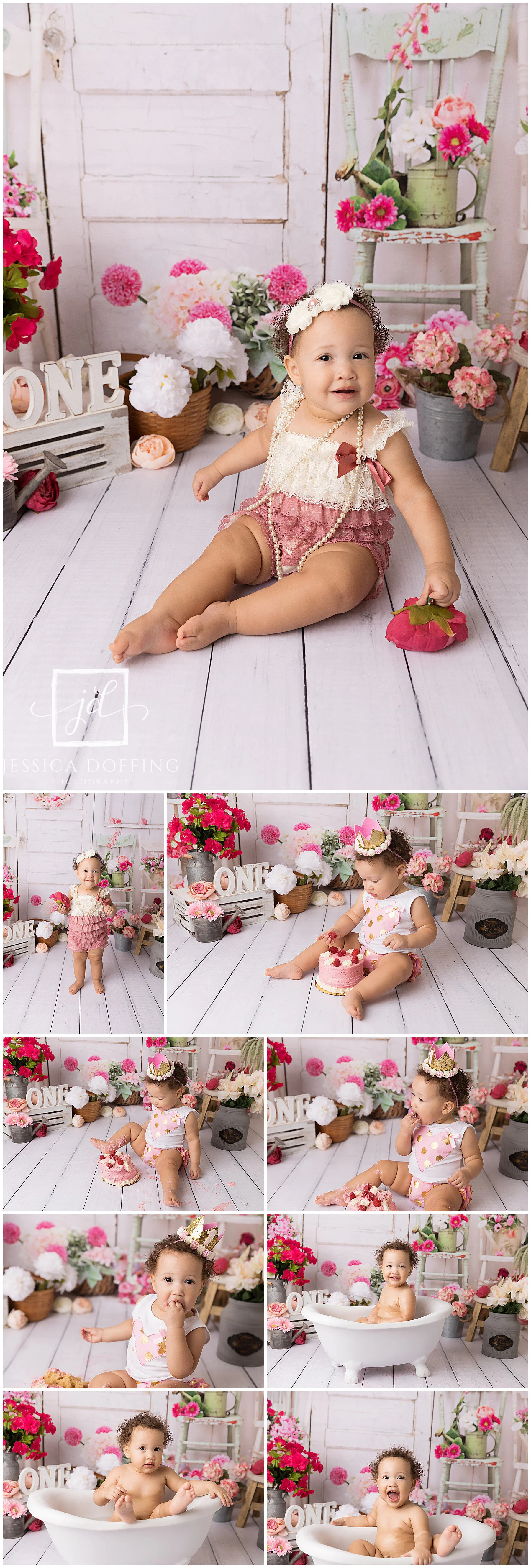 Floral porch first birthday photo session in Austin with flowers and outdoor feel