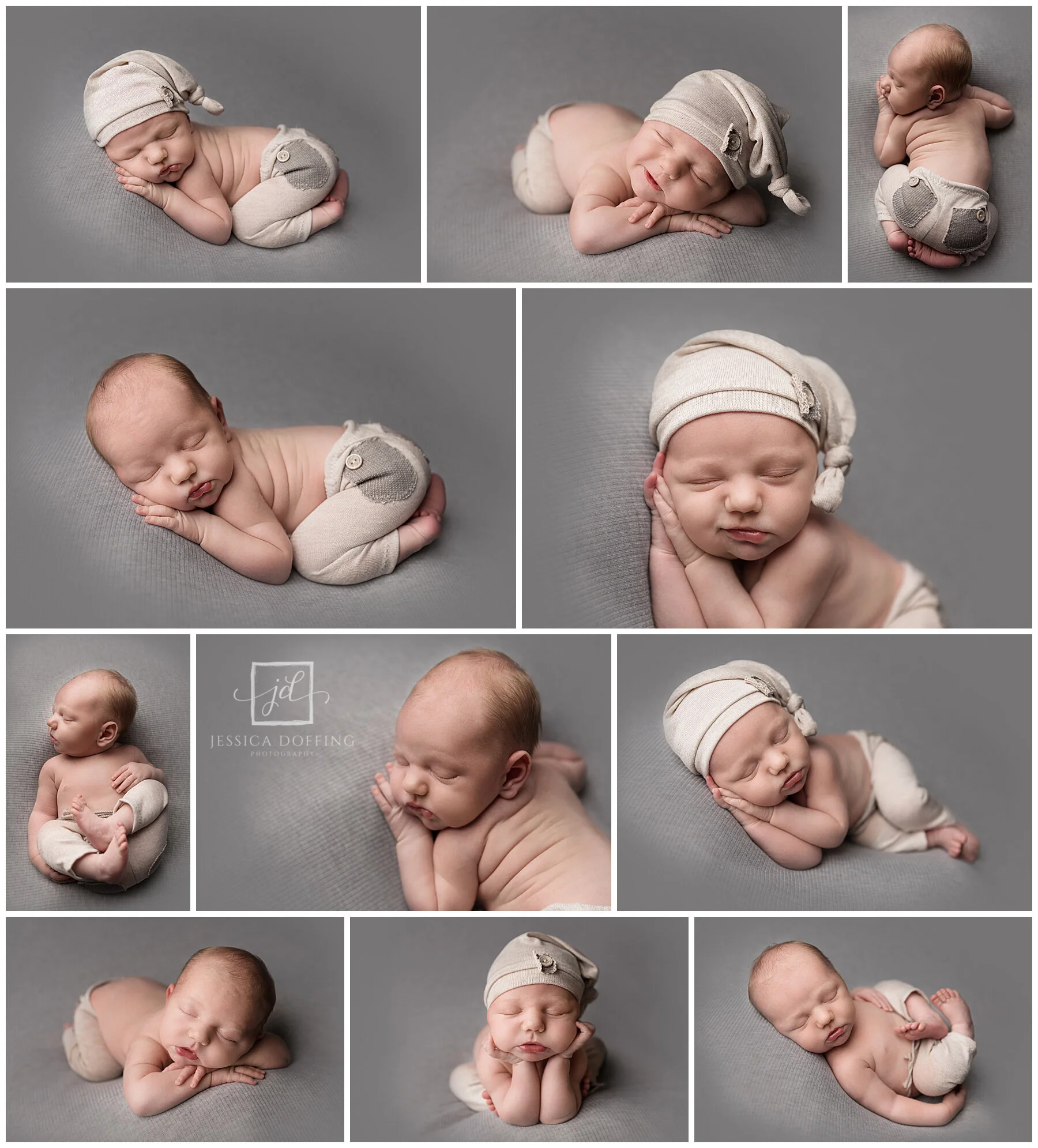 Collage of posed newborn portraits from Baby Cohen's Austin newborn photography session.