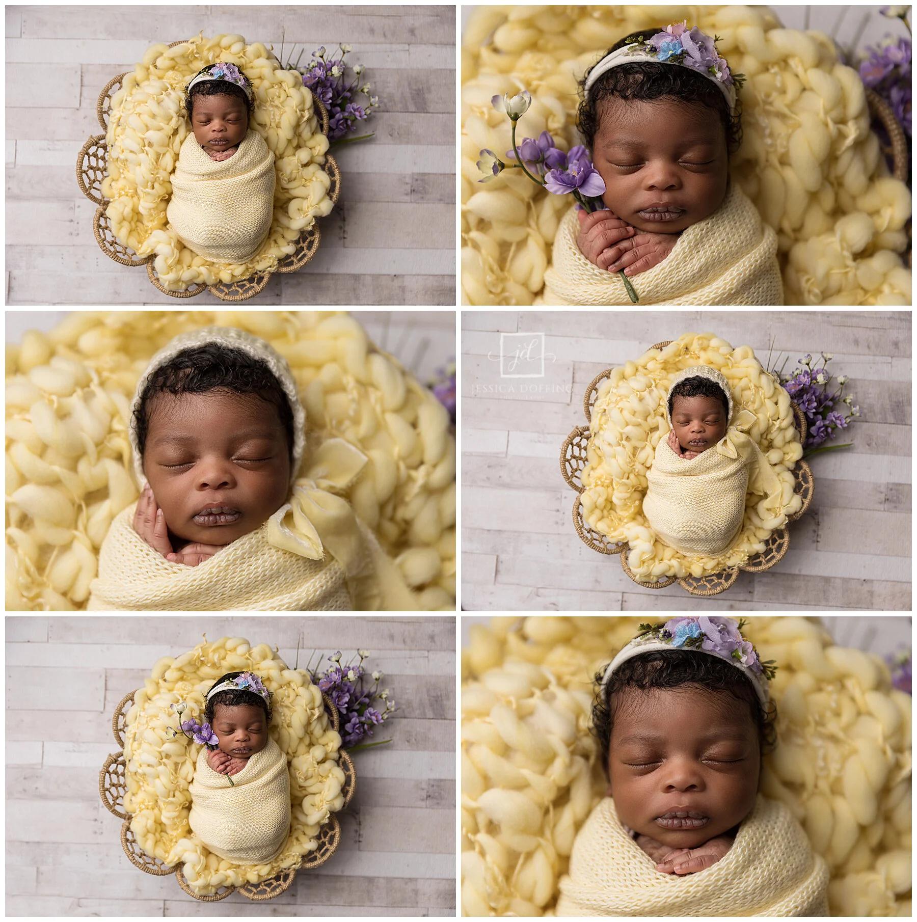 Collage of Baby Mercy's newborn portraits featuring soft yellow wraps, delicate florals, and timeless posed newborn photography in Austin, Texas.