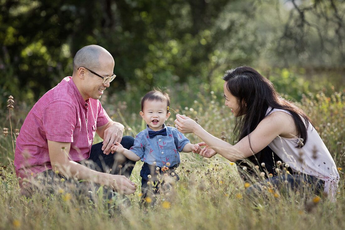 Toddler boy and parents in tall grass