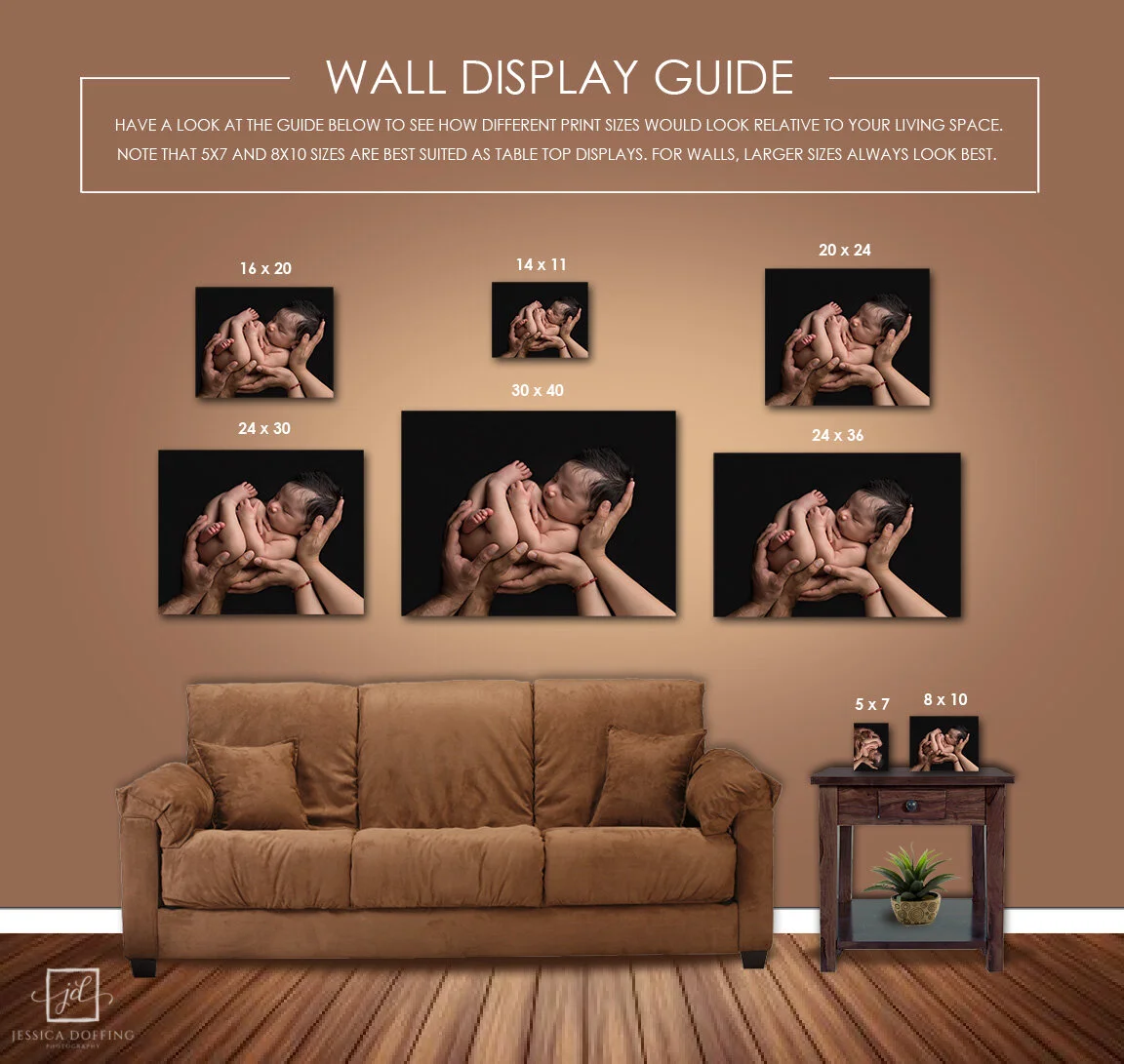 Wall display showing different size prints.