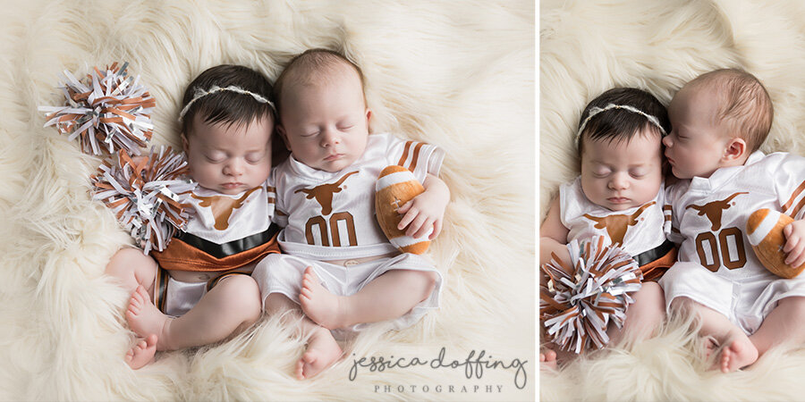 Twin newborn babies dressed in Texas Longhorn football and cheerleader outfits during an Austin newborn photography session.