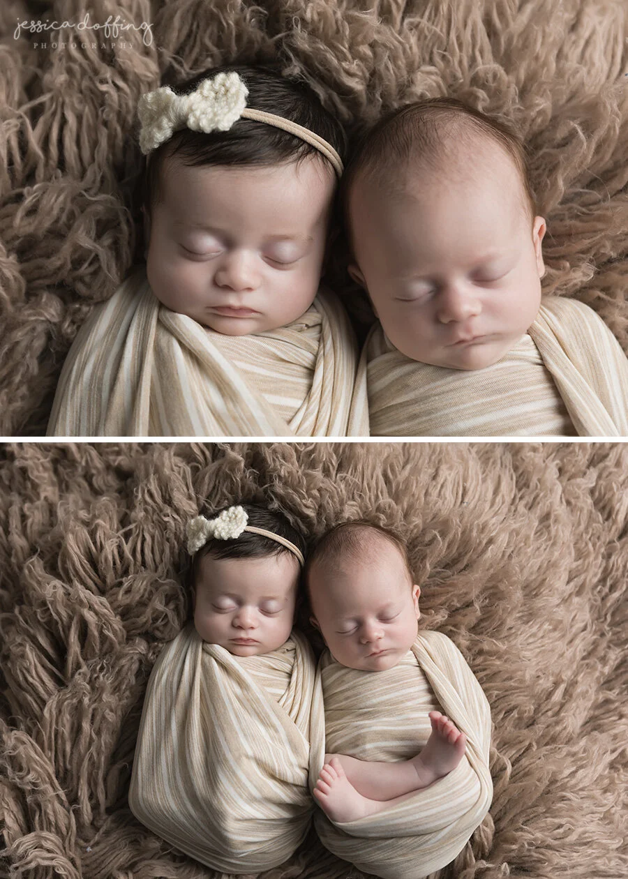 Twin newborn babies peacefully wrapped in neutral cream swaddles during a posed newborn photography session in Austin.